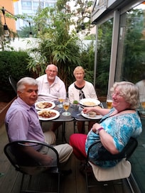 Eating goulash at the restaurant.
