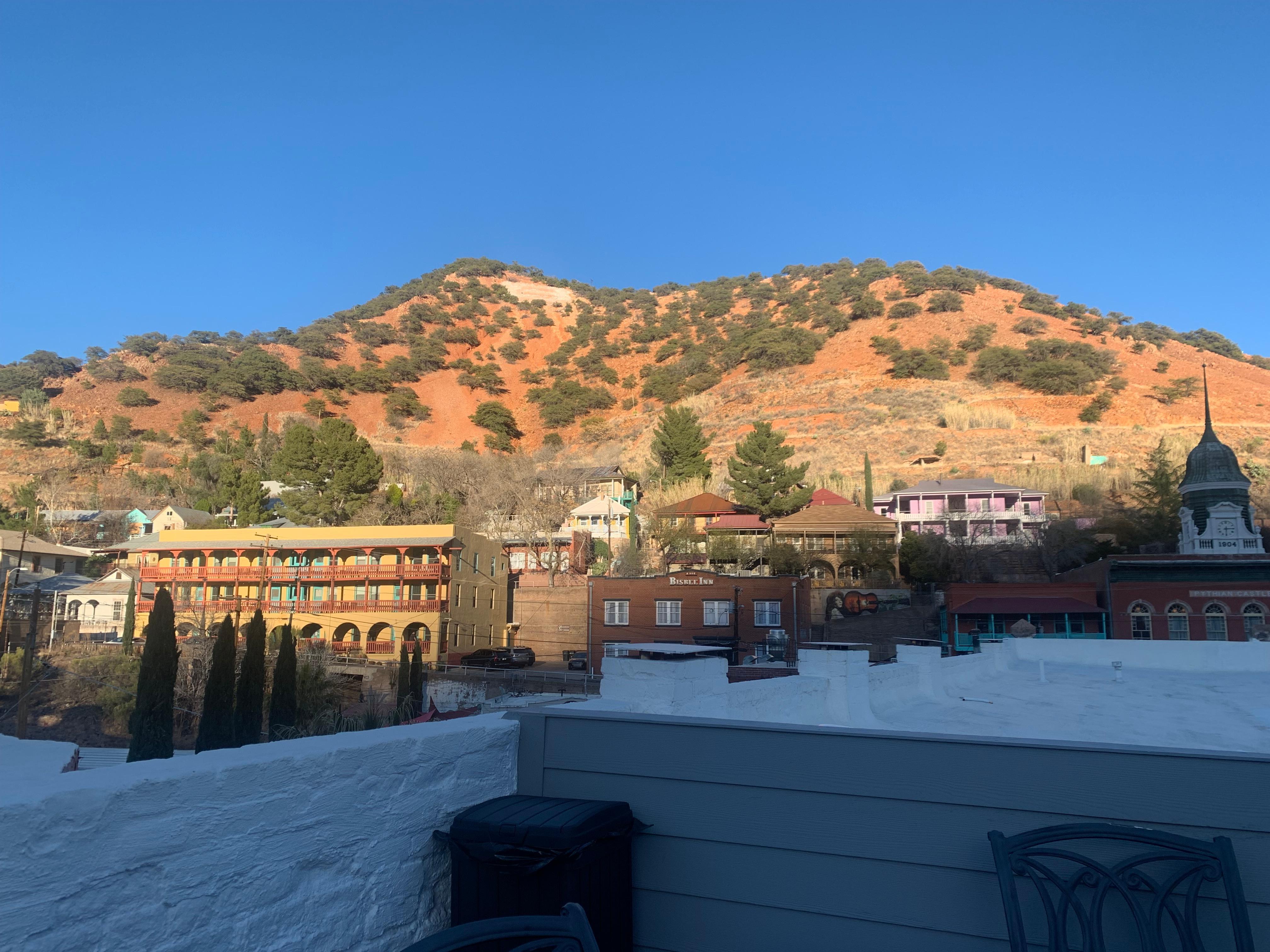 Roof top deck at sunset.