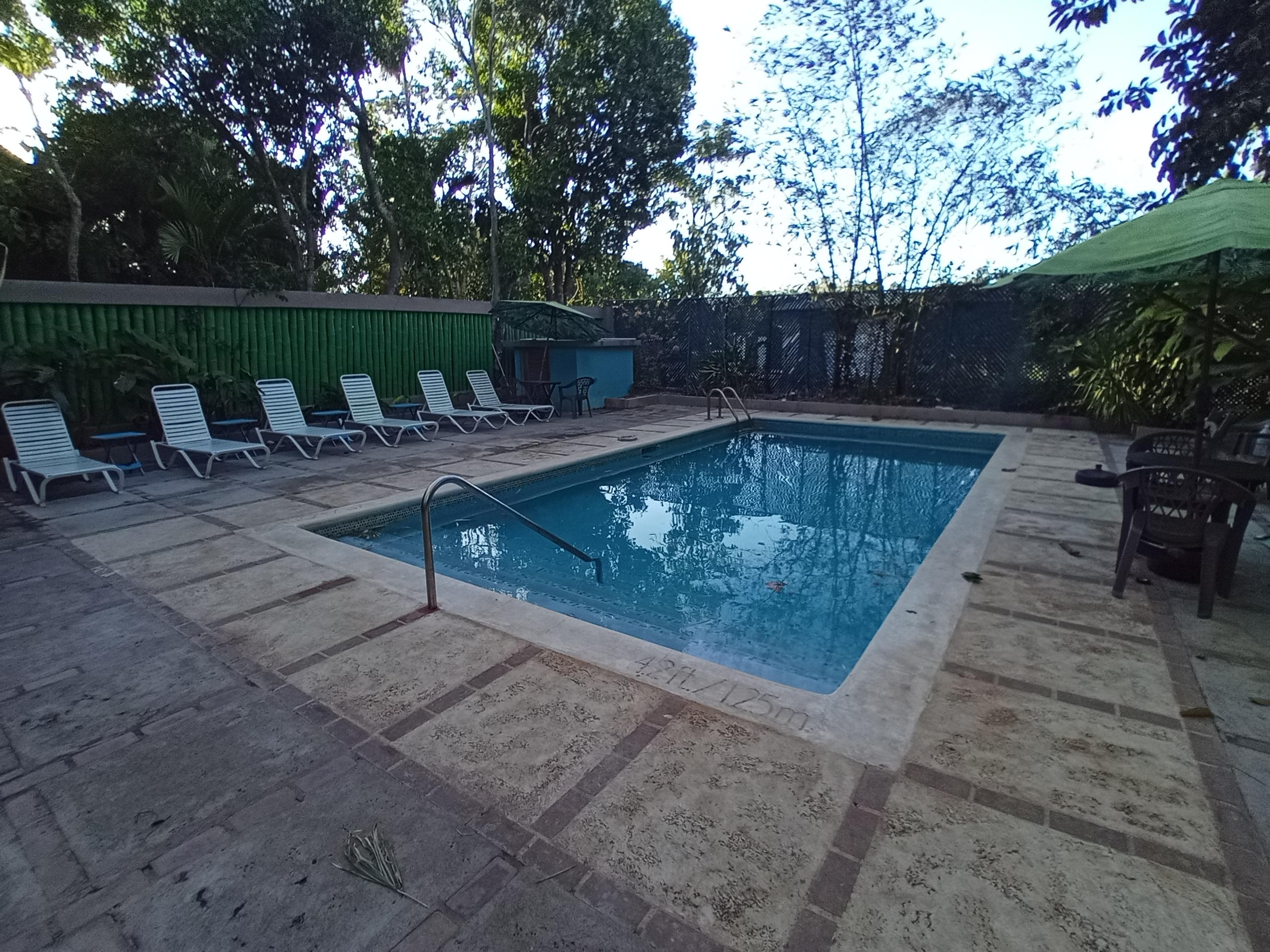 Bak A Yaad's spacious & relaxing pool deck offers lounges and a few umbrella covered tables & chairs for a snack, lunch or whatever your desire for some shade.