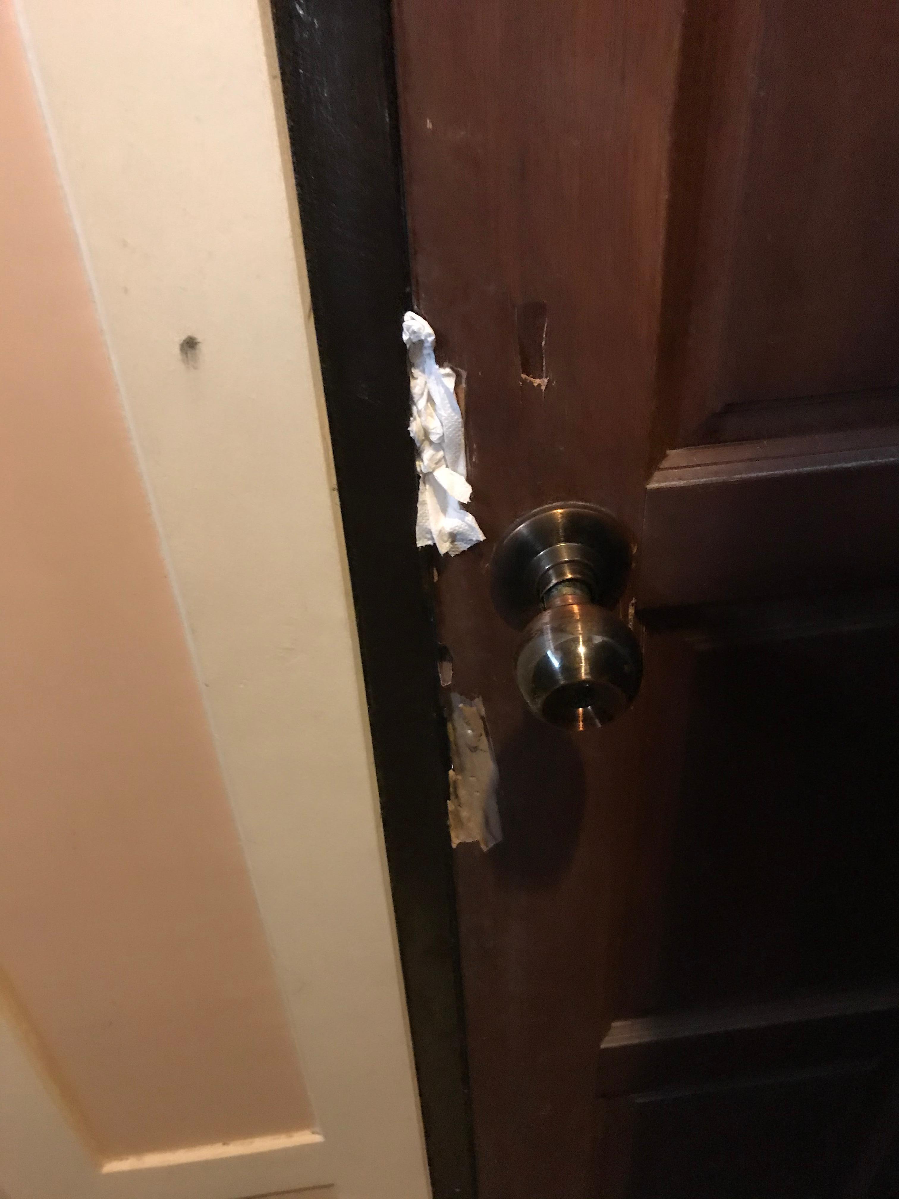 Doors with holes filled with toilet paper