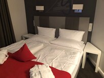 Hotel room on the first floor. Decent size room, particularly by European standards.