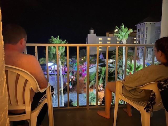 Overlooking Shepherd's Resort at night from room 552