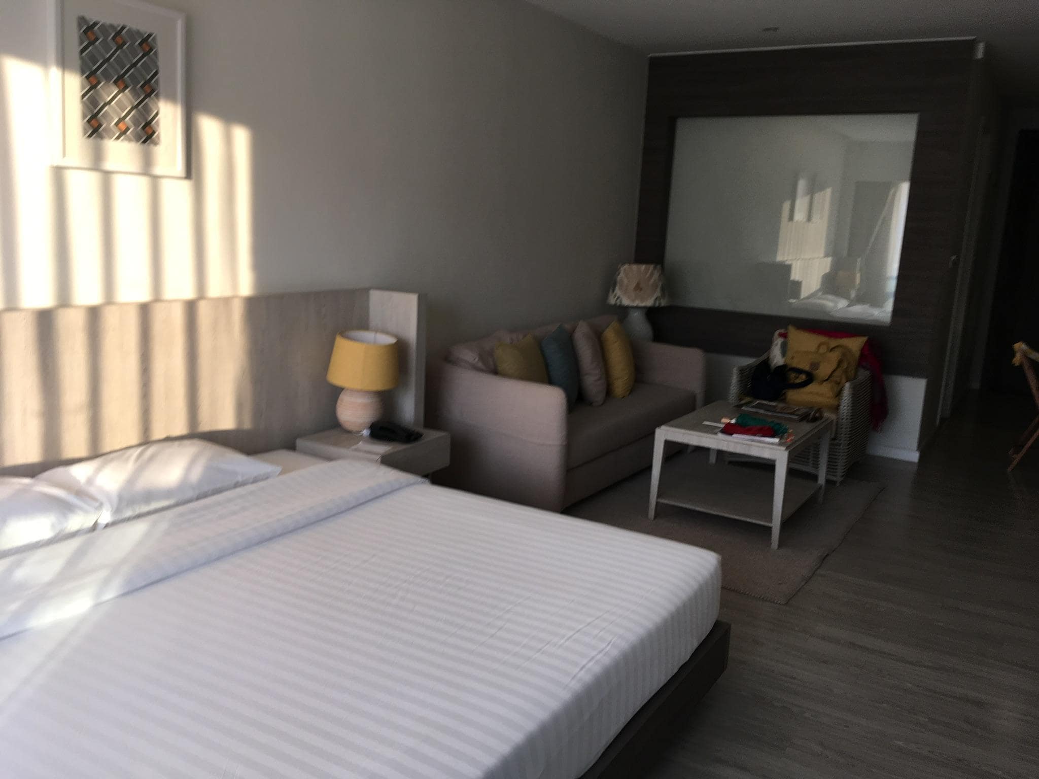 手前からベッド、リビング、バス&シャワー、と縦長に配置されています。それぞれ広さがたっぷりしているので圧迫感が全くありません。