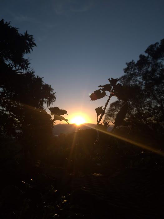 Pôr do sol, vista da piscina