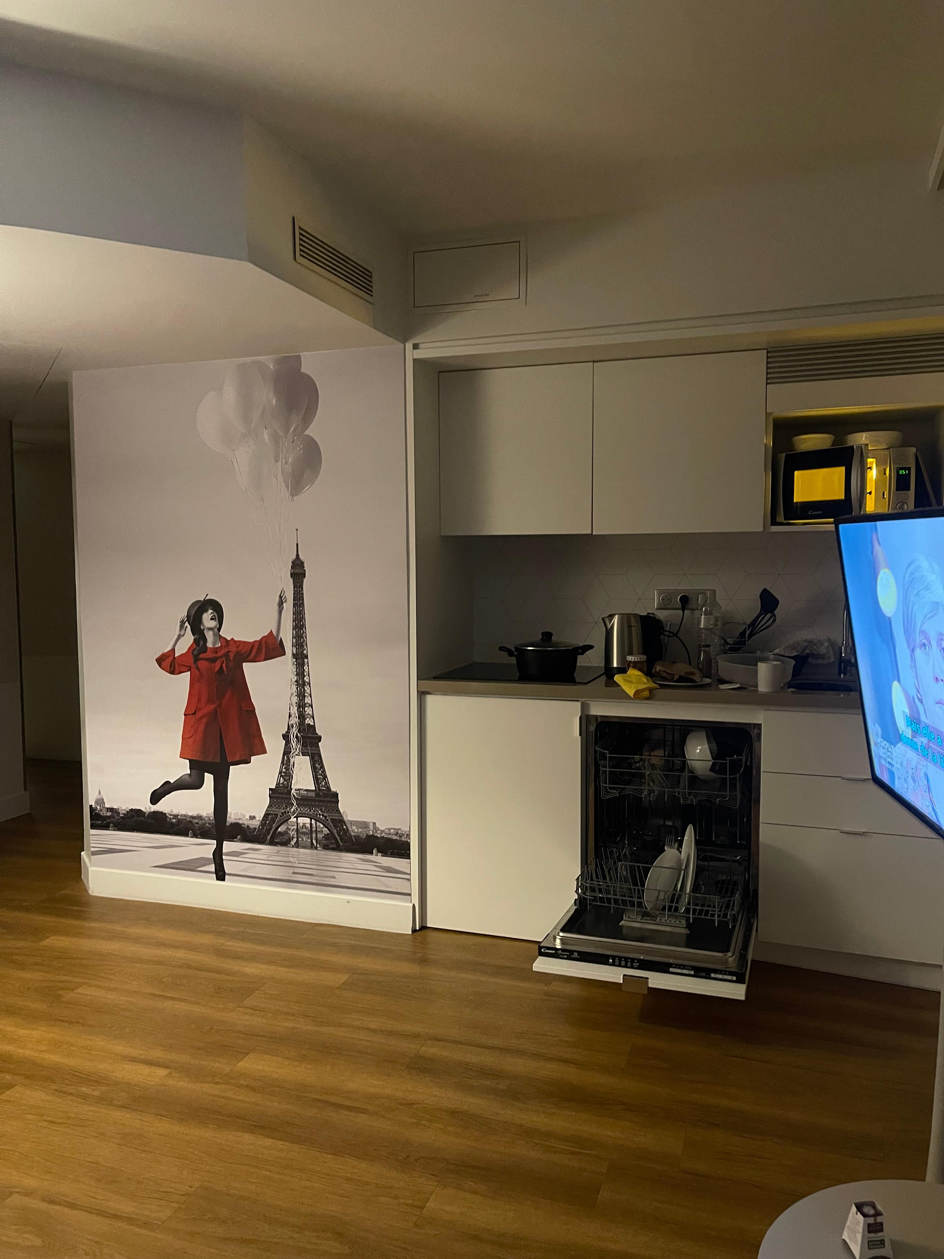 Cute decorations and complete kitchen with view of the Eiffel whilst preparing a meal 