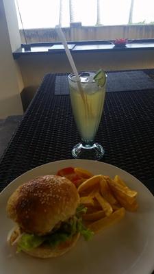 Chilli burger fries, and special rejuvenation drink prepared by carmin. Who is lovelier than the place itself