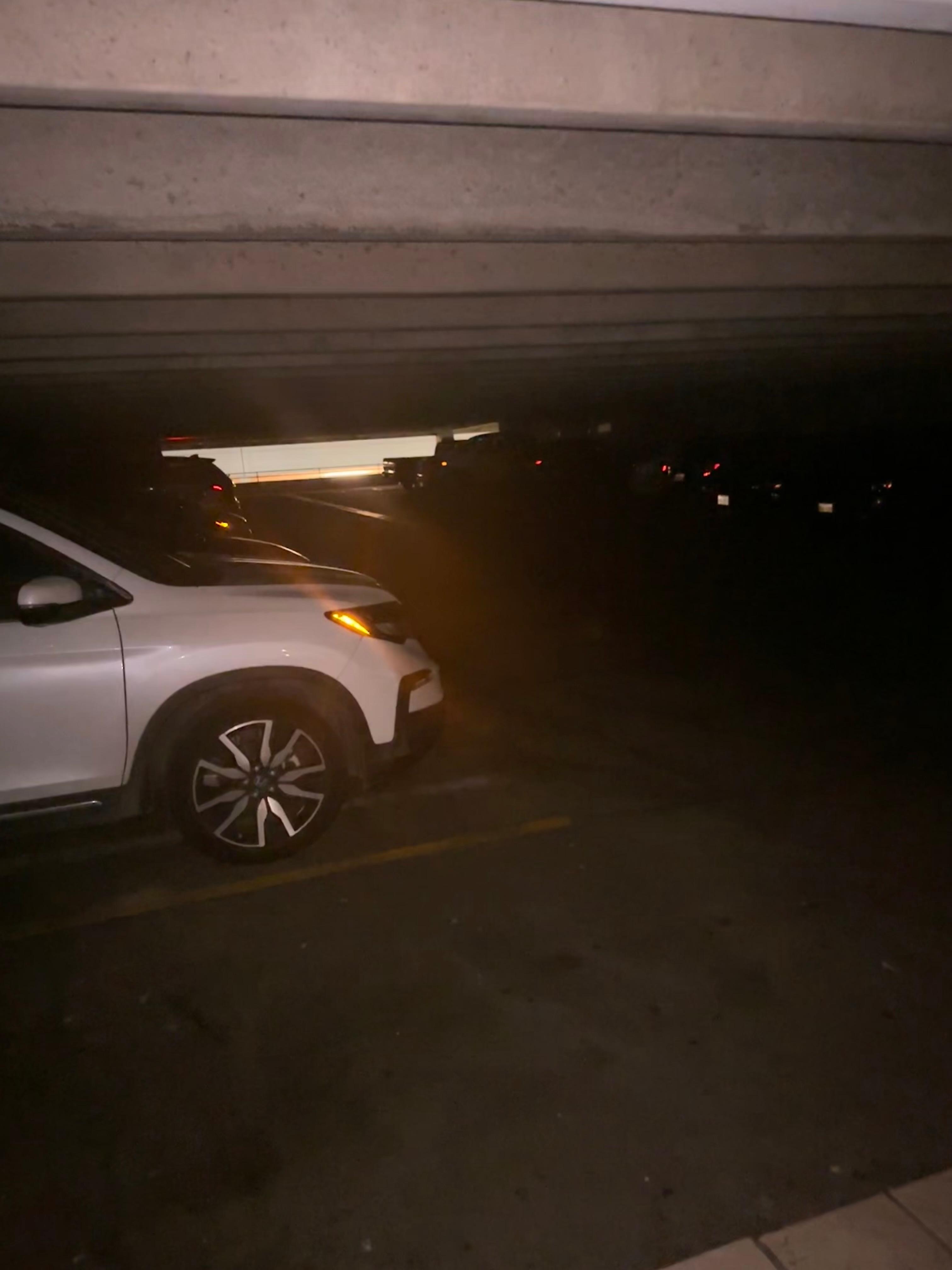 Pitch black garage! I didn’t feel unsafe, but still…ugh, trash and glass everywhere. I will say Security was there 24/7. 