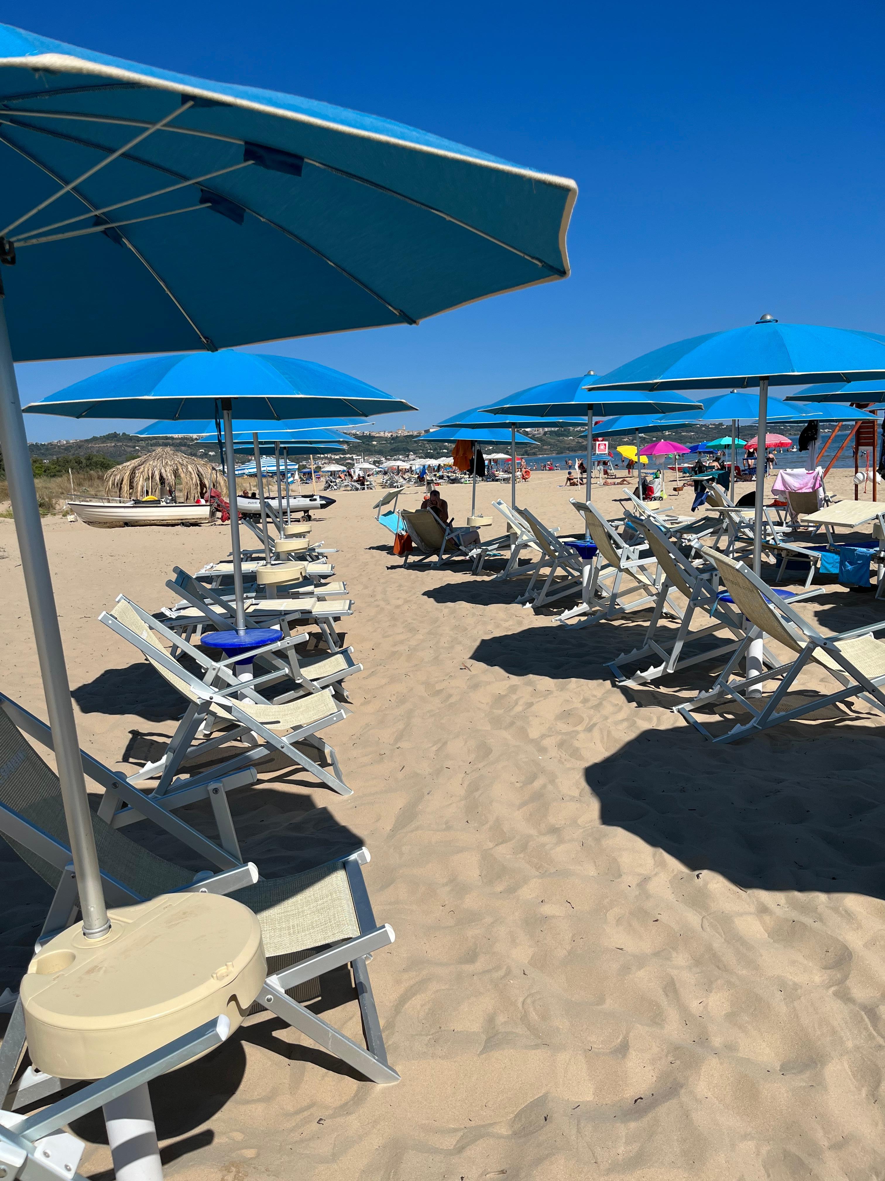 Beach equipped with umbrellas and chairs assigned to each guest by a number.   