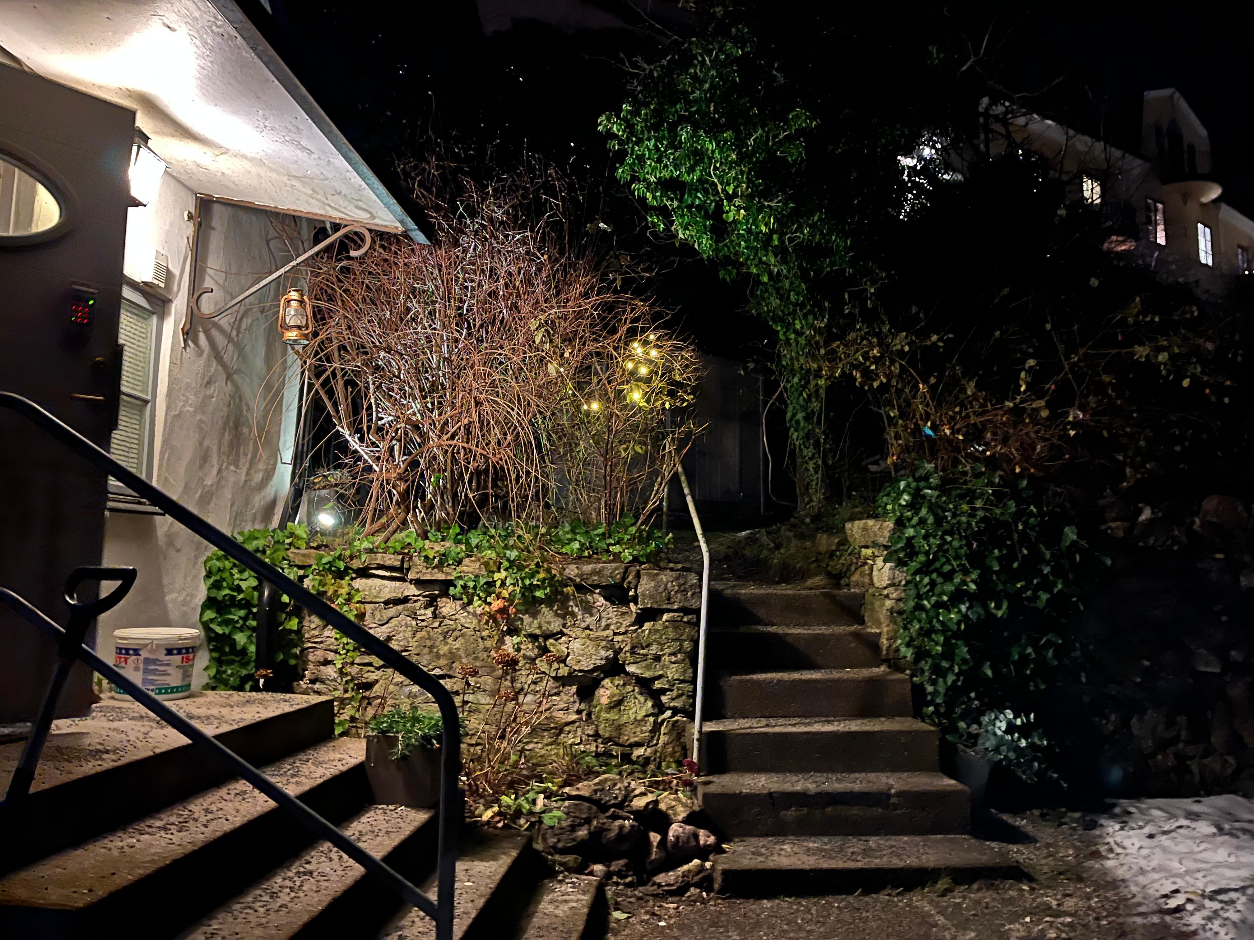 Entré kvällstid. Mysig trädgård.