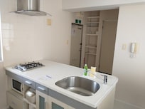 リノベされたキッチン:調味料はないが、鍋、皿、箸等すべて揃っている。左手は玄関、正面はトイレ!