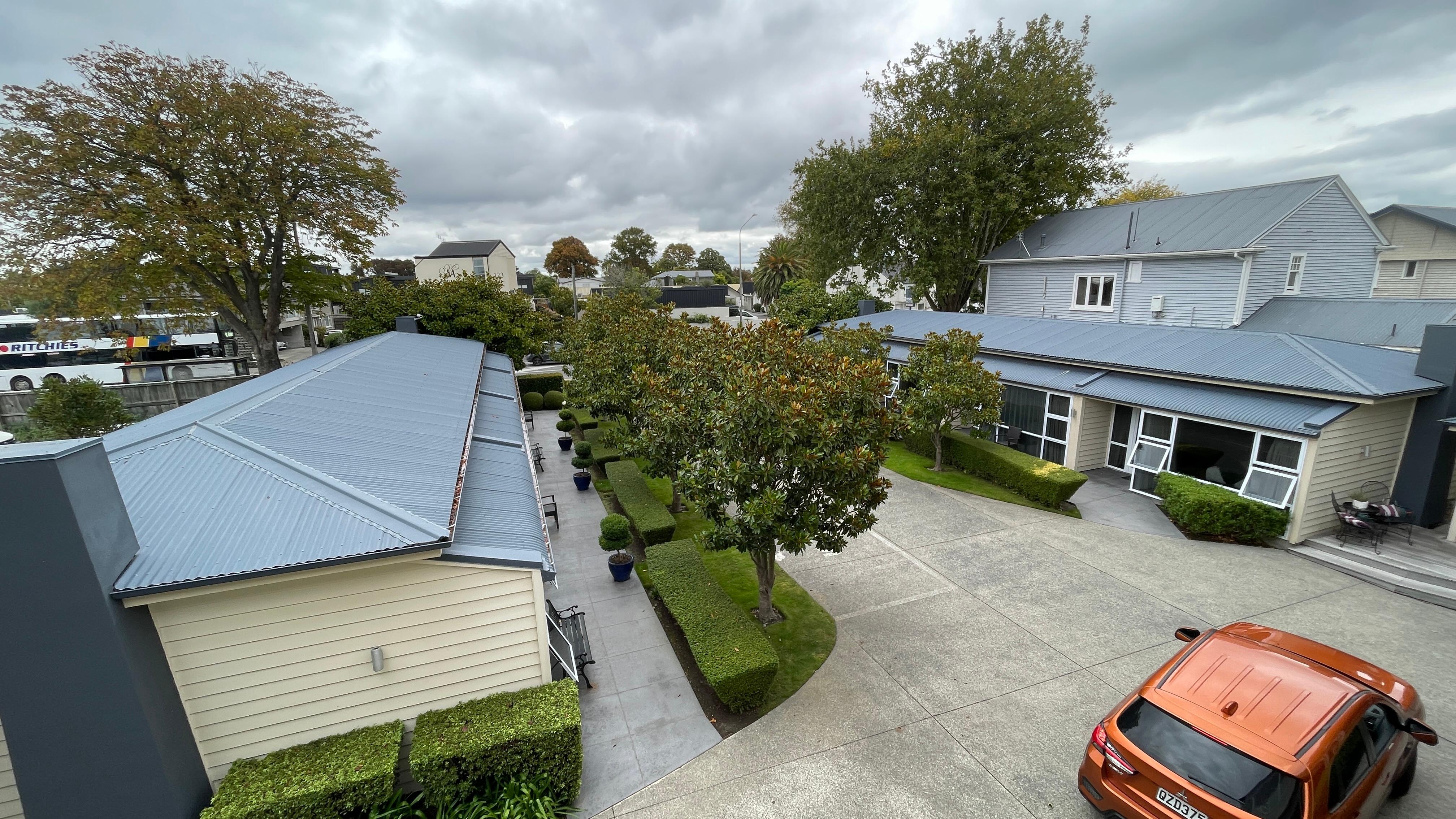 View from balcony of the reception and laundry room (right) and our accommodation on the left.