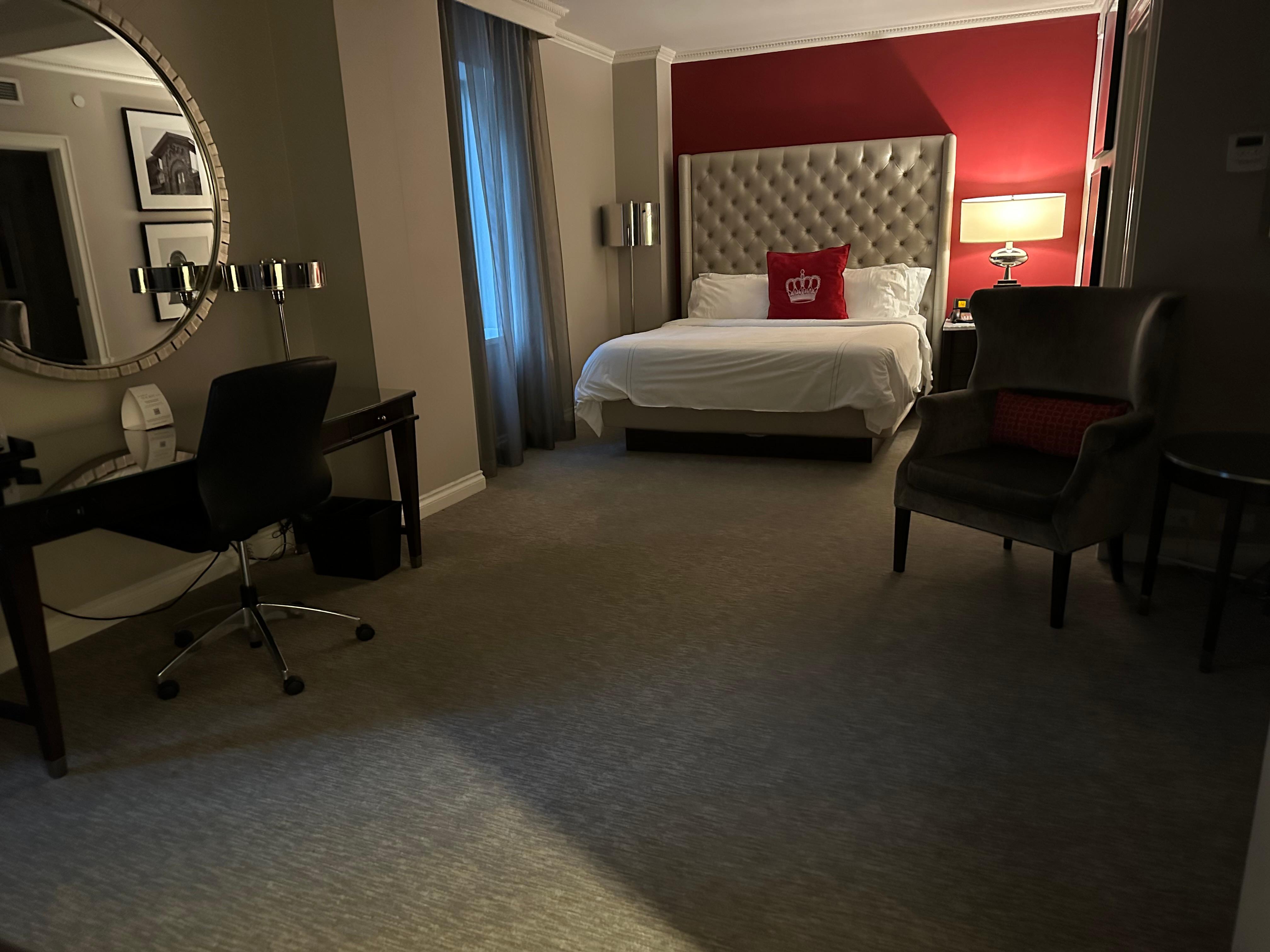 Spacious king room, comfortable bed and bedding.