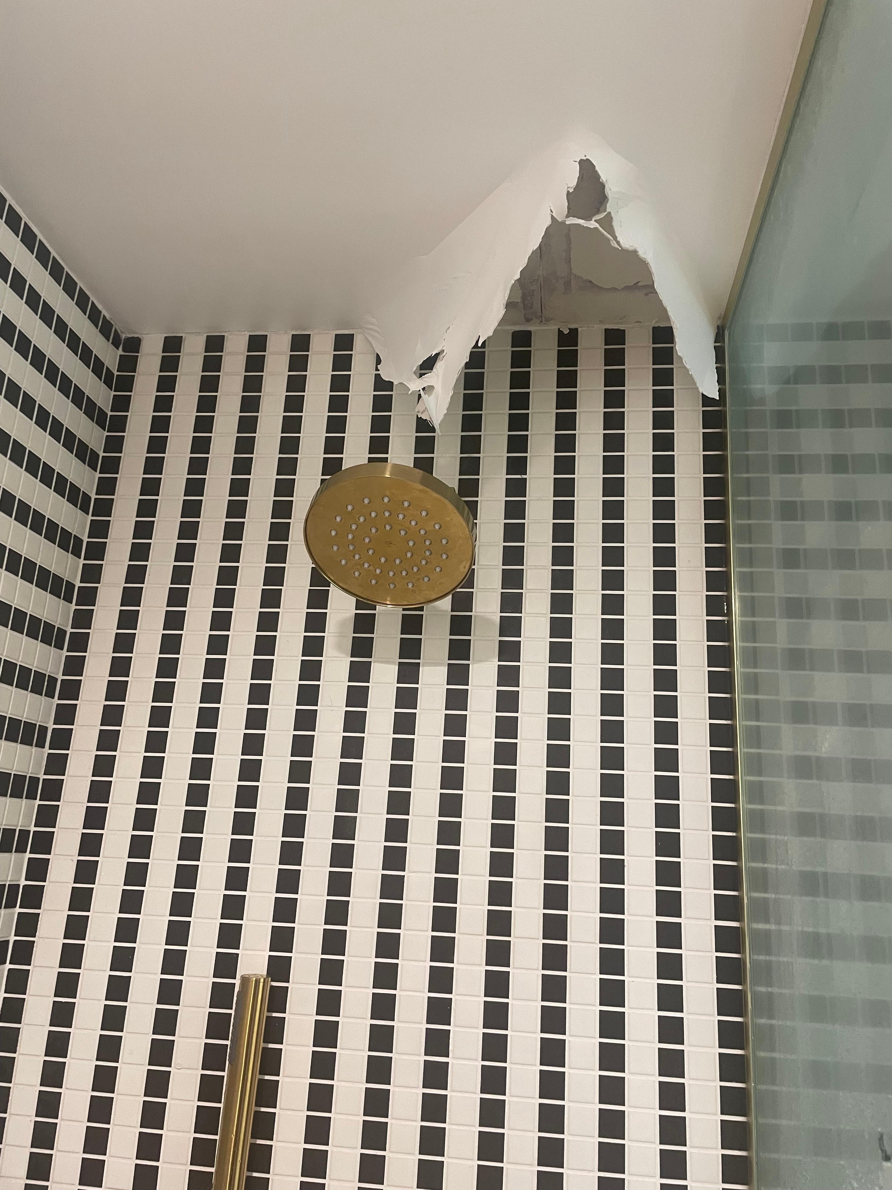 Gotera del baño que ademas en la madrugada… y asi estaba el dia que entramos el techo pero esa noche con el ruido del agua cayendo lo reportamos!