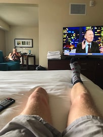 Inside our room. It has 2 balconies and a lounge with microwave & Fridge and sink in the other room off the bedroom.