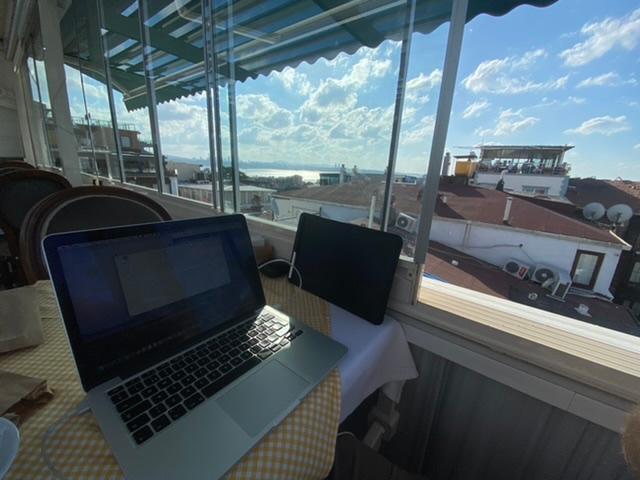 Working from the terrace.