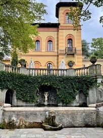 View of the villa from the fountains
