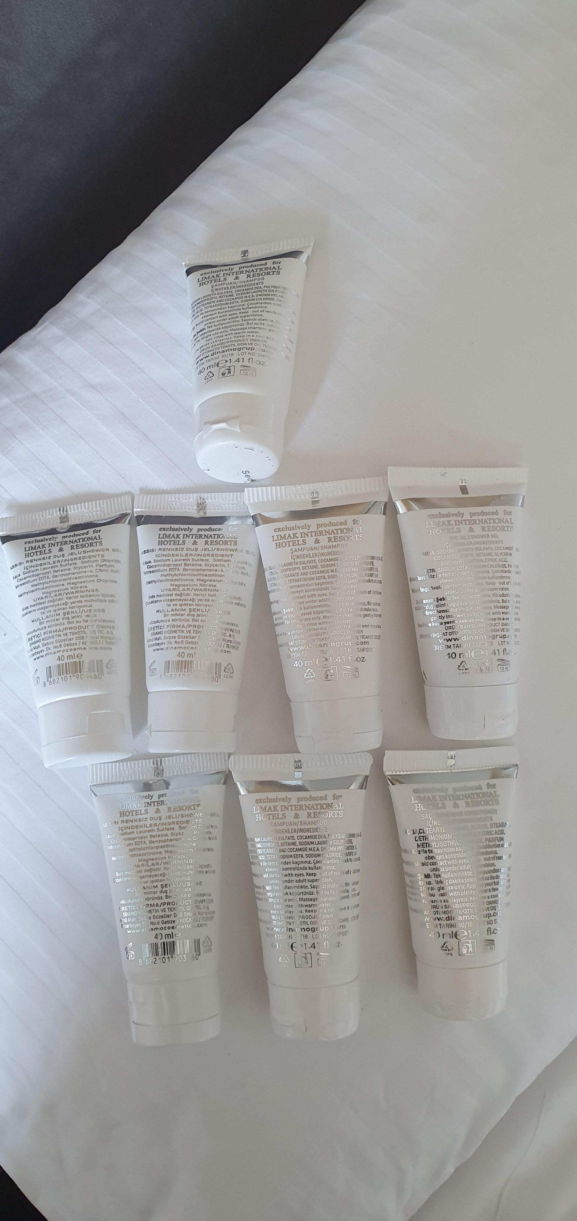 Bathroom toiletries with 10/2018 & 06/2019 date of manufacture. Some have expiry dates month scratched out !!
