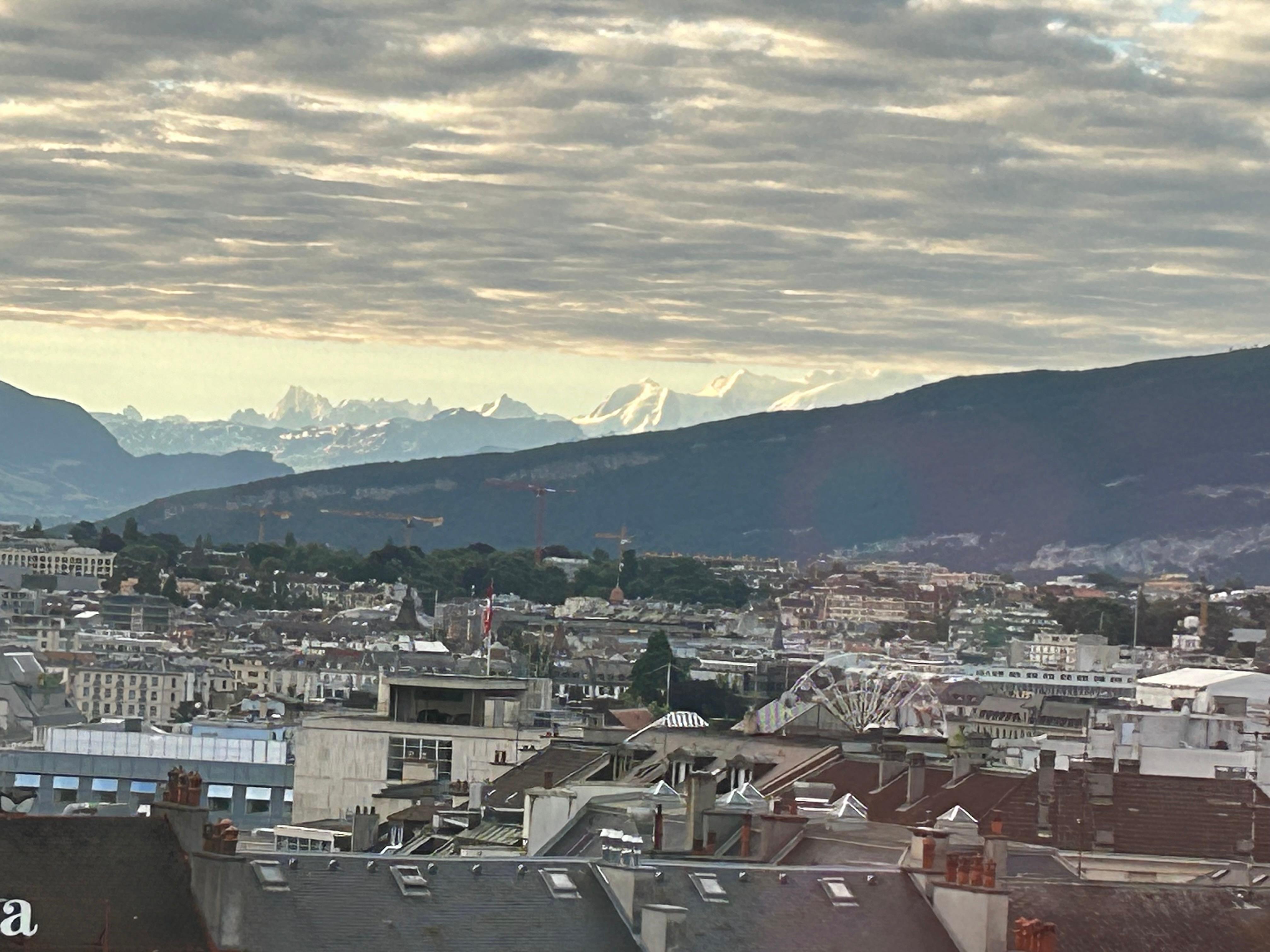 Snow capped Mont Blanc mountain in the distance. 