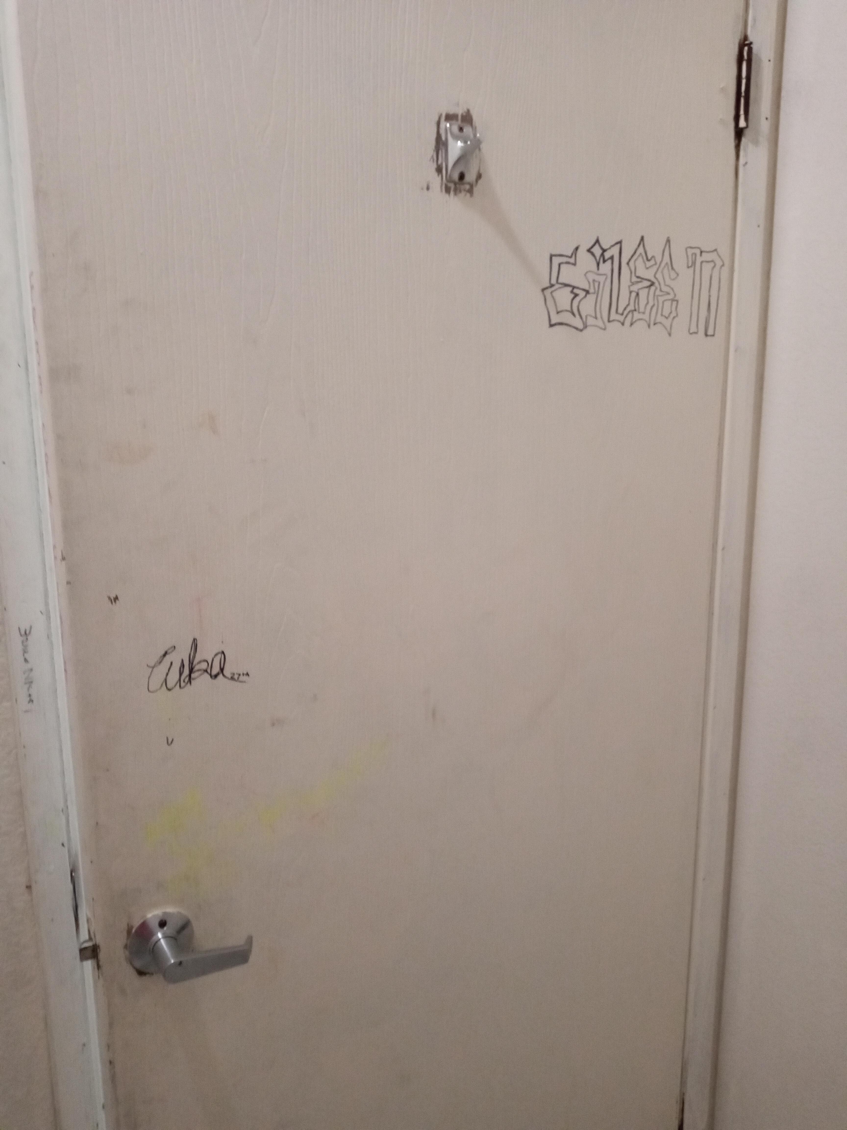 Graffiti on the back of the bathroom door