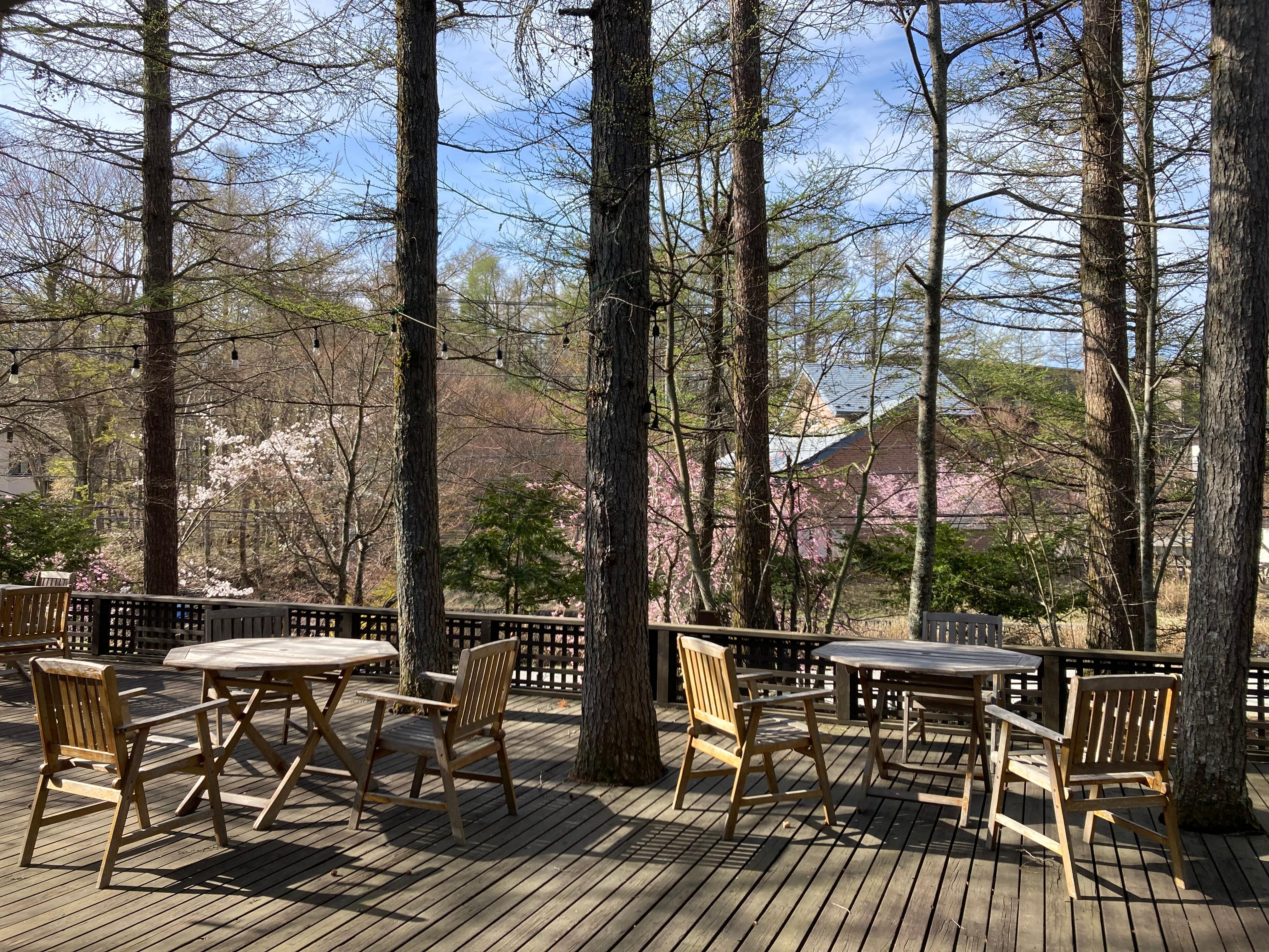 Communal deck in front of the small hotel cafe.