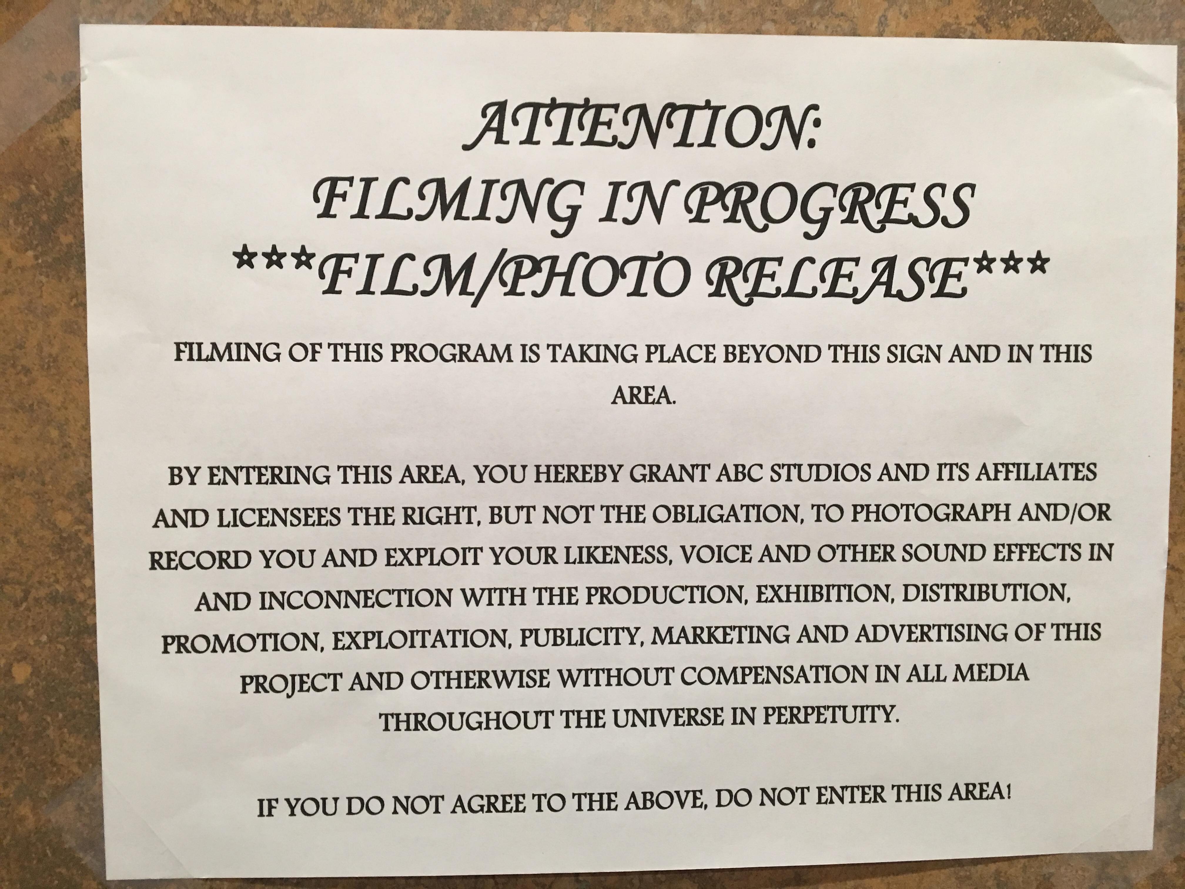 Last minute filming notice in elevator