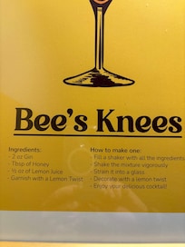 Bees Knees recipe in our room. Delicious cocktail from the bar!