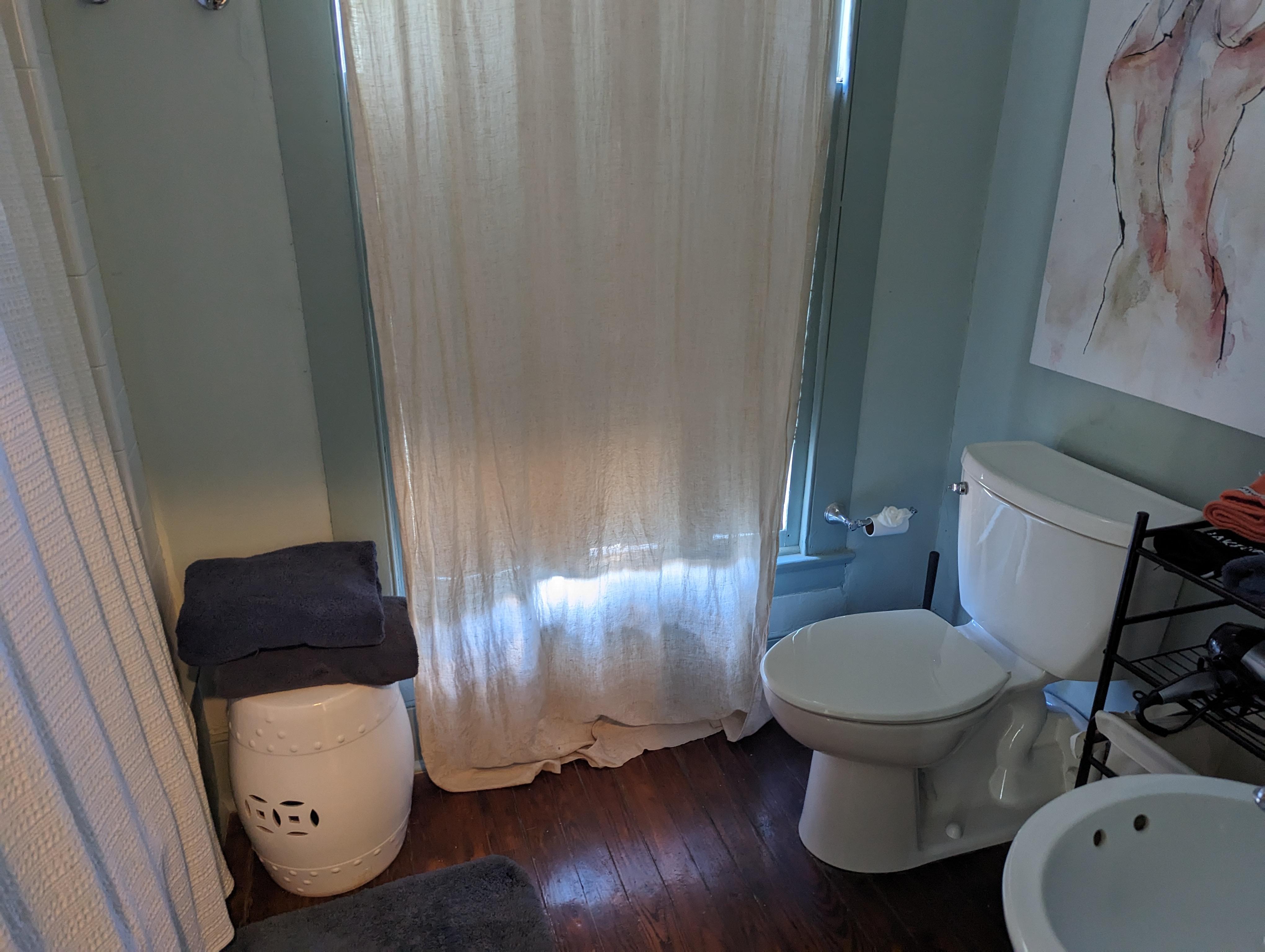 En suite bathroom is tiny but functional. Tub needs refinishing. Shower has good pressure. 