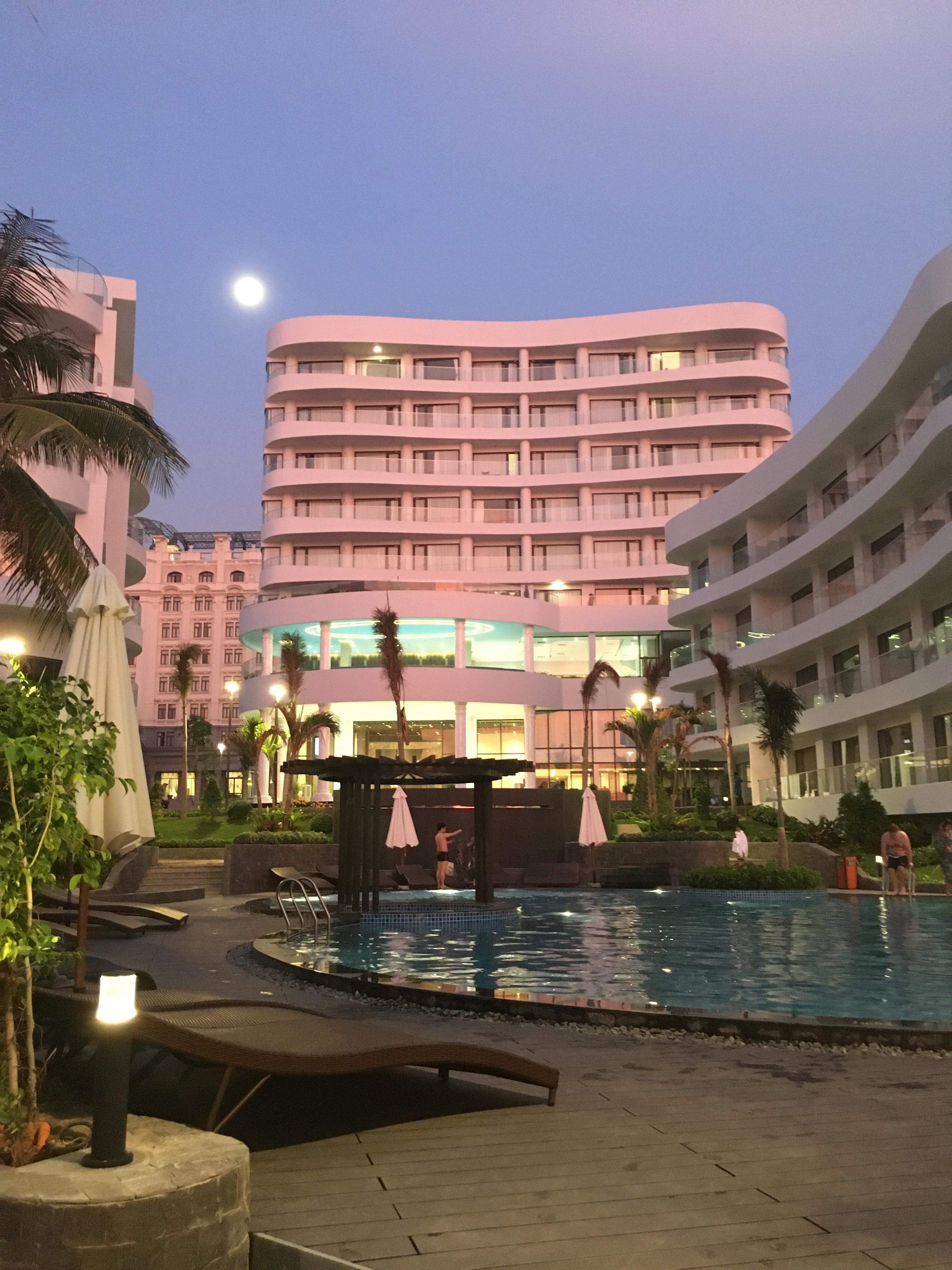 The hotel white in colour transformed into pink from the glow of the sunset