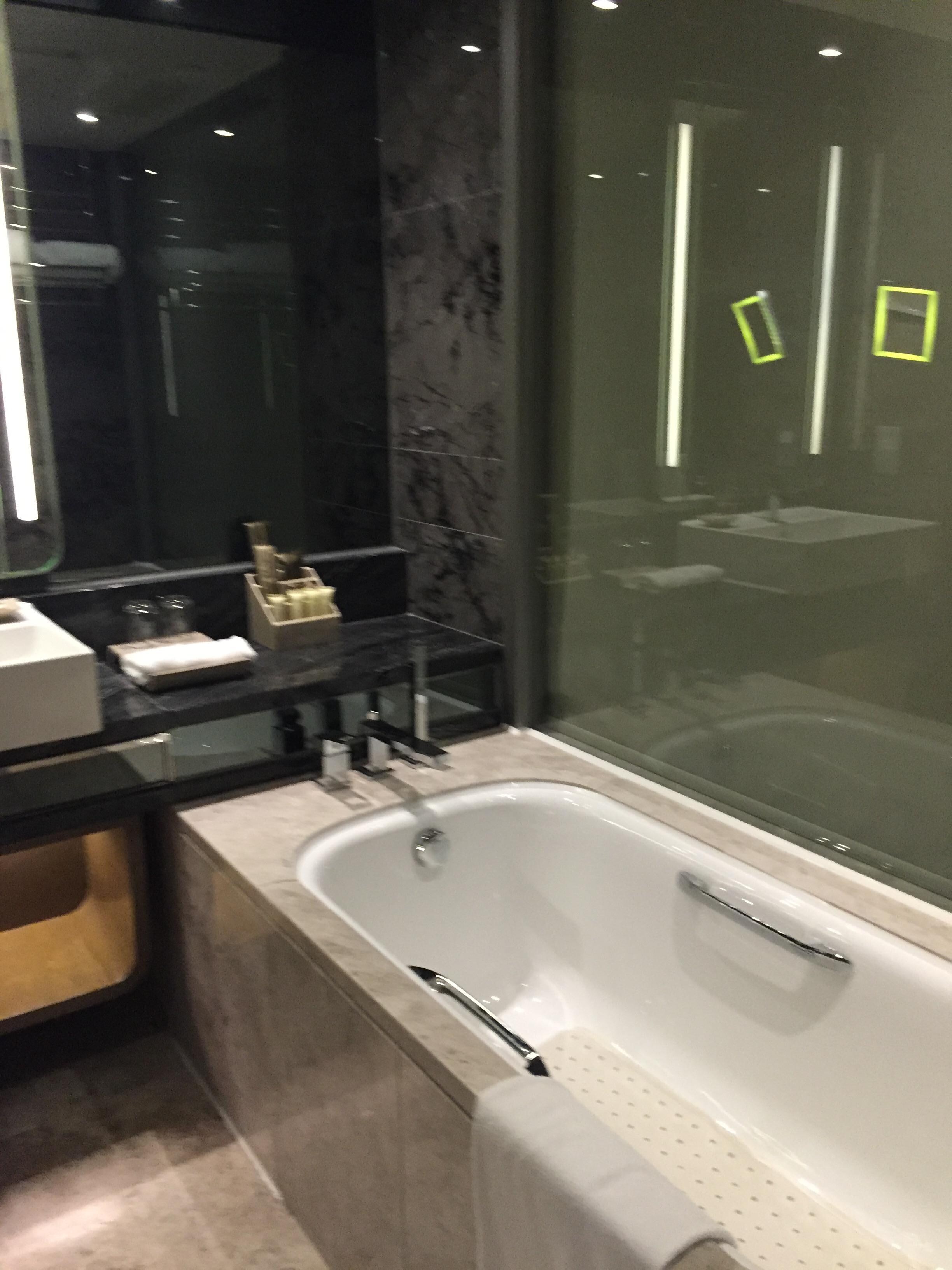 Nice shower with overhead and hand held shower head