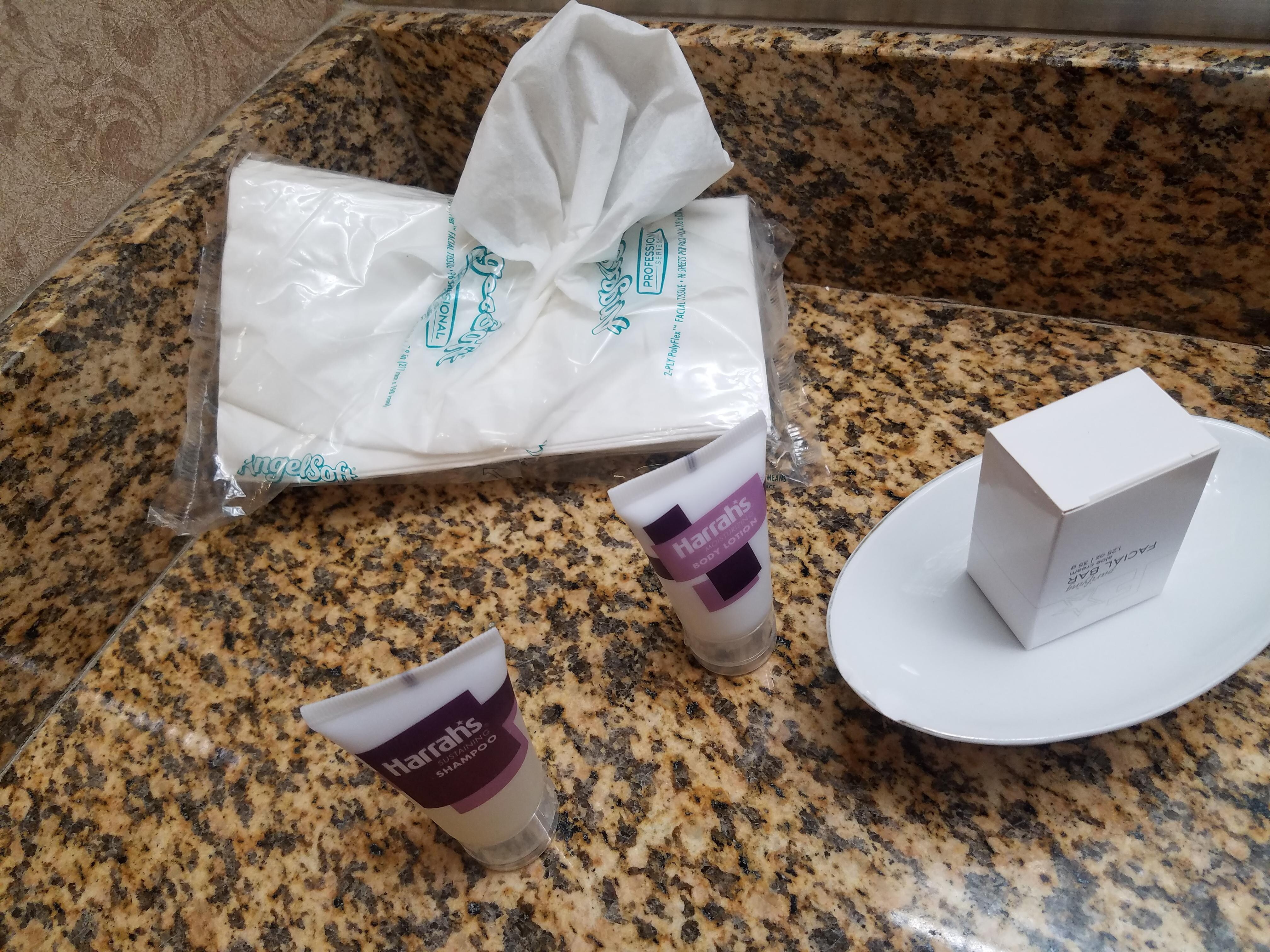 There wasn't even a Kleenex holder in the bathroom! Just a bag sitting on the counter! Not what I expected from Harrah's!
