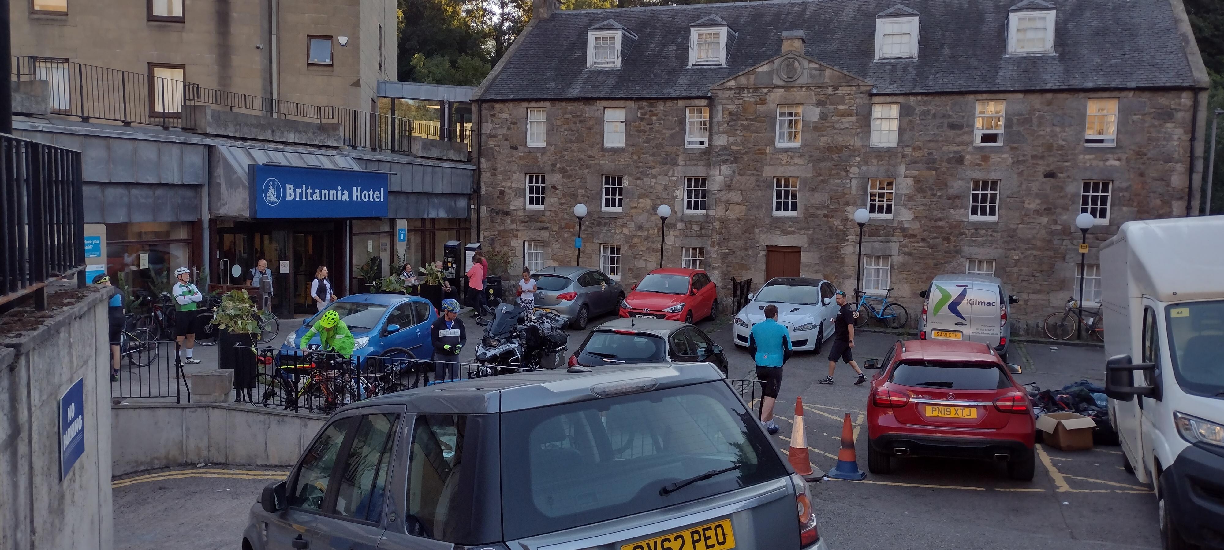 A busy morning with a bike group setting off.