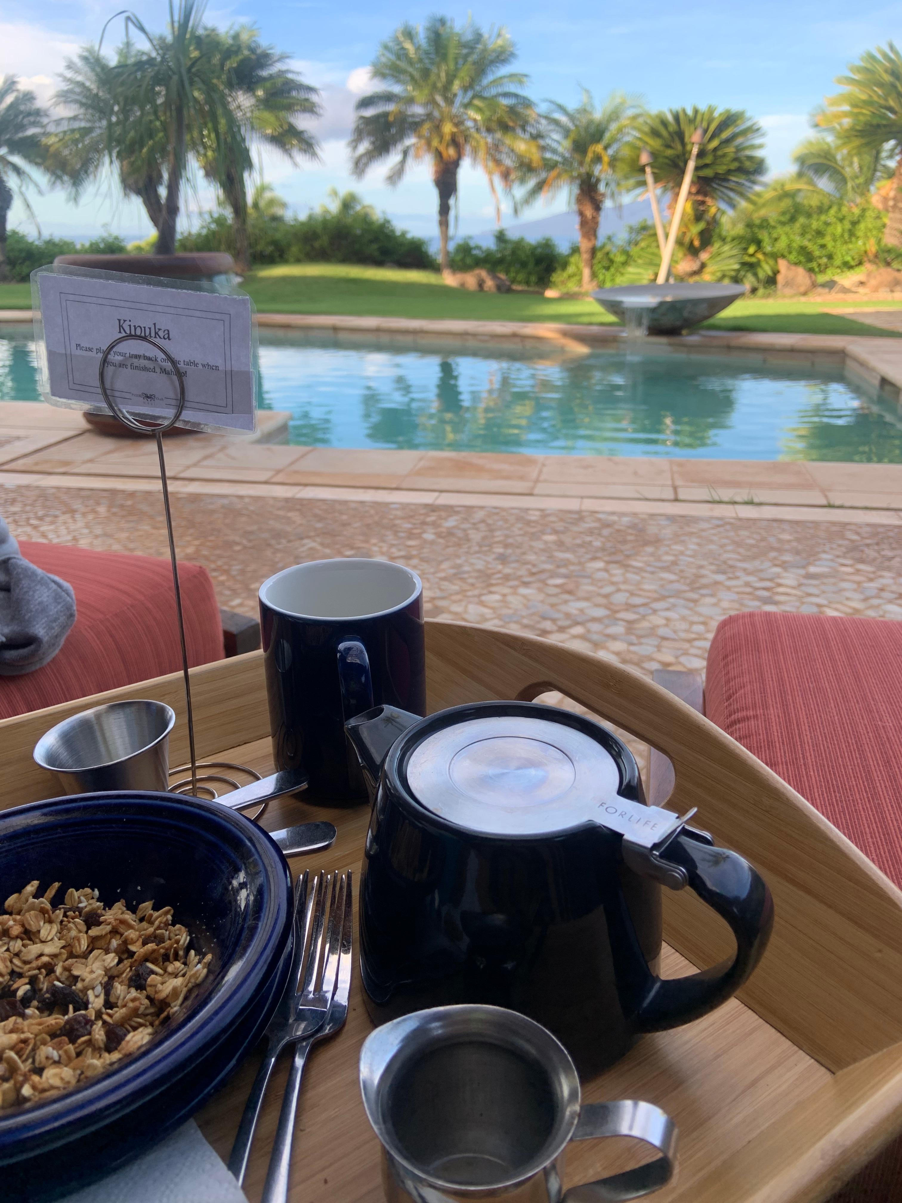 Poolside breakfast. Great place to start your day. Water falls from pool are soothing. Birds are chirping and singing. 