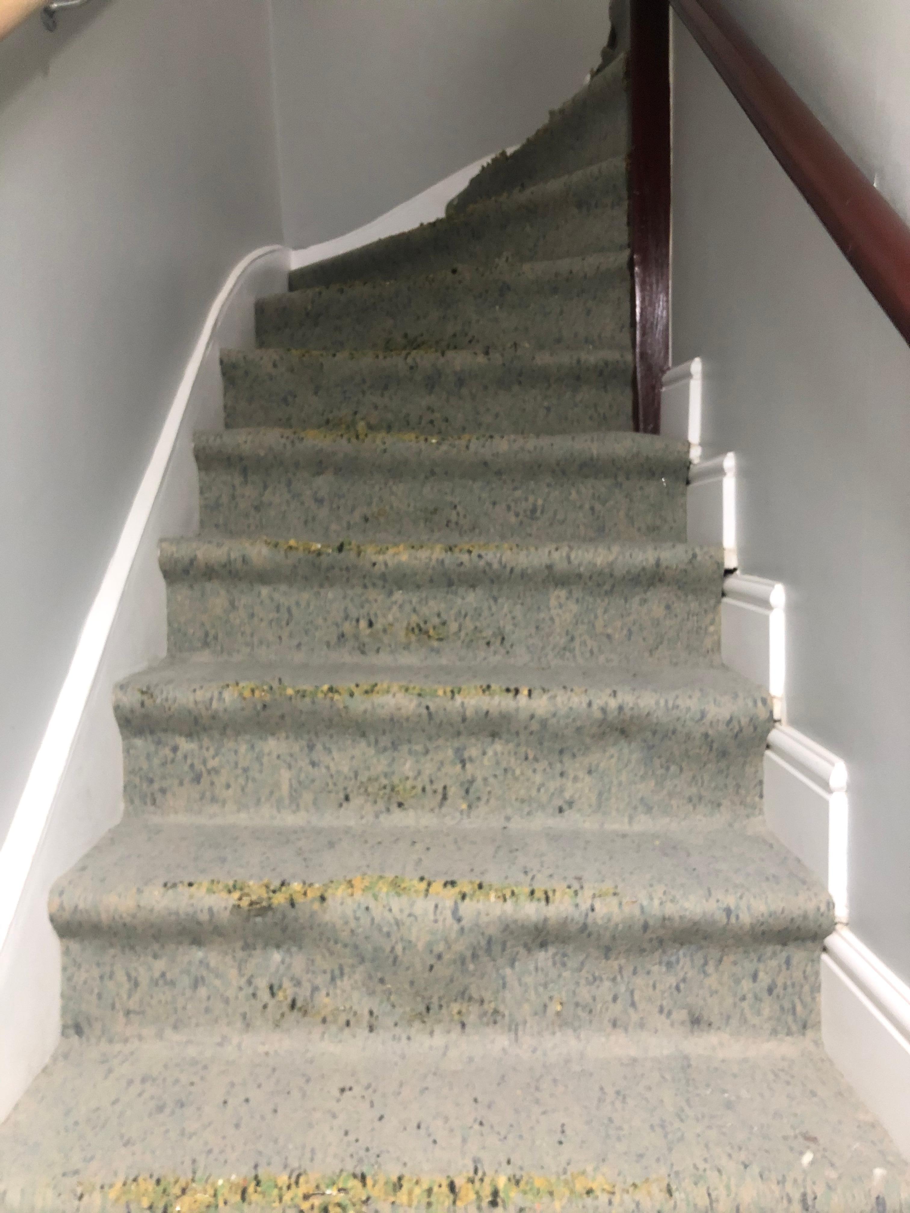 Escada íngreme e com o carpete descolando. Achei bastante perigosa.