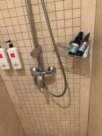 shower basket hanging barely.  ''BEST room in the hotel''