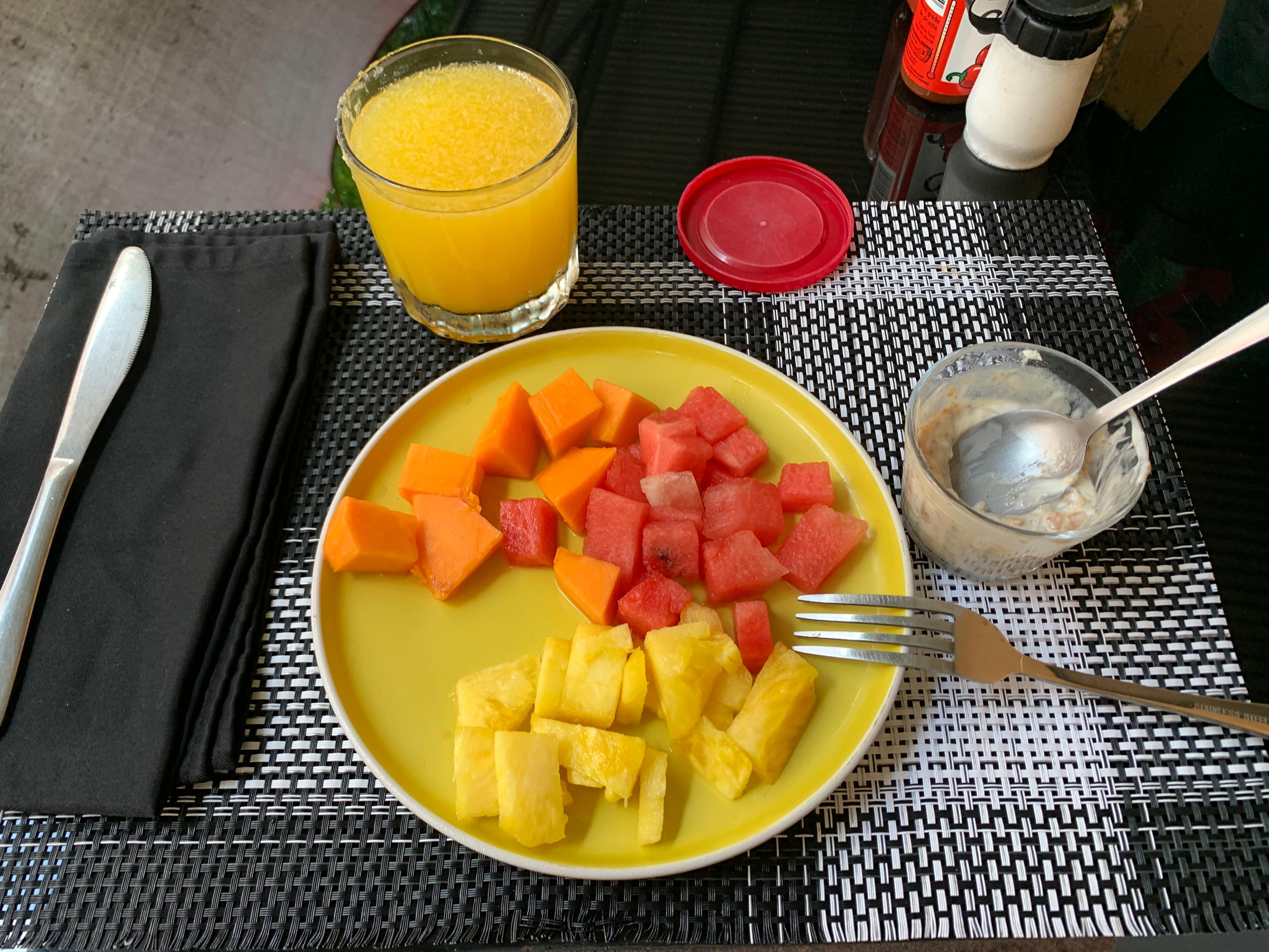 Fresh fruit for breakfast, before scrambled eggs, yogurt, and other items.