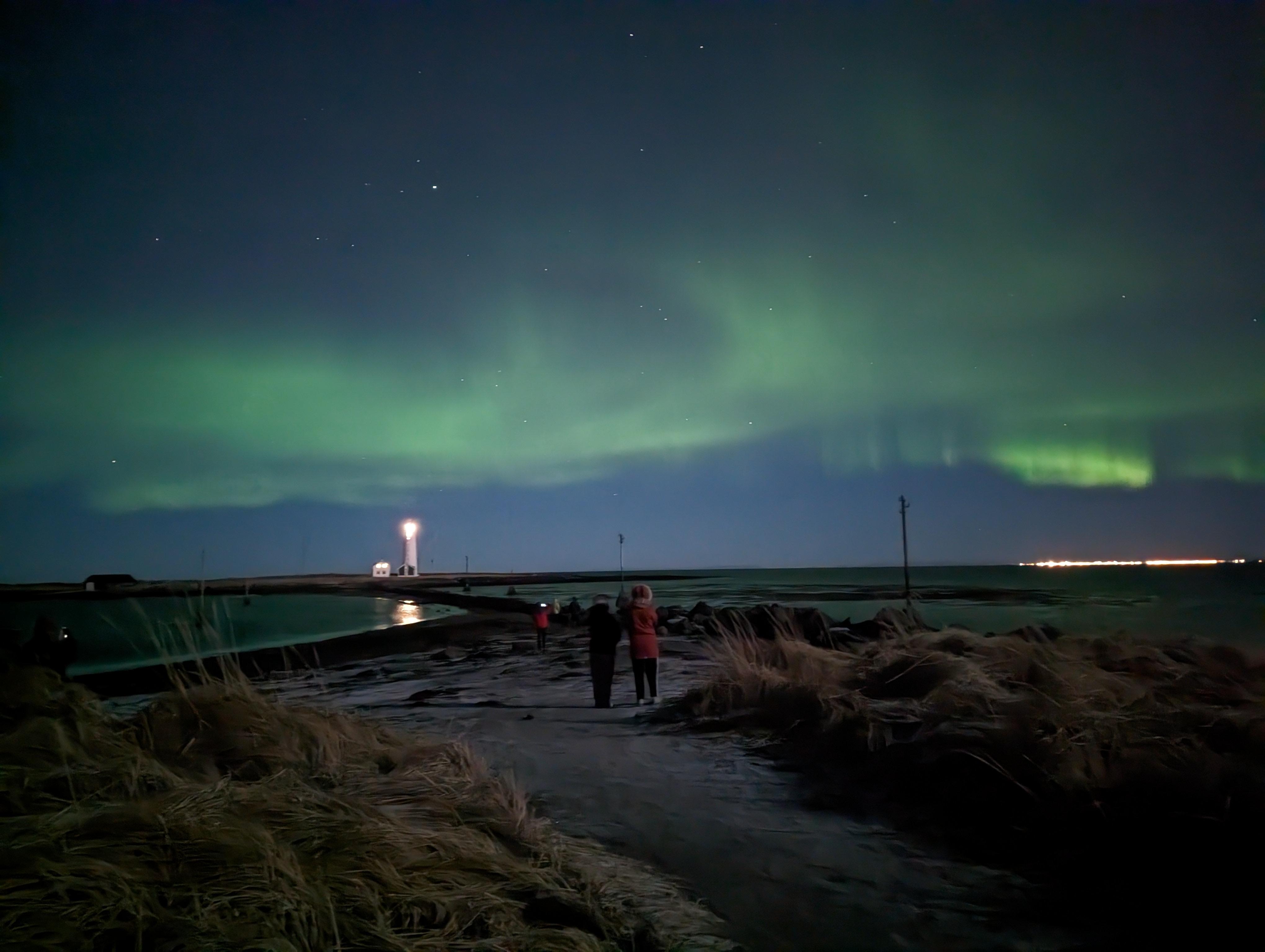 Northern lights above the Grótta Island Lighthouse