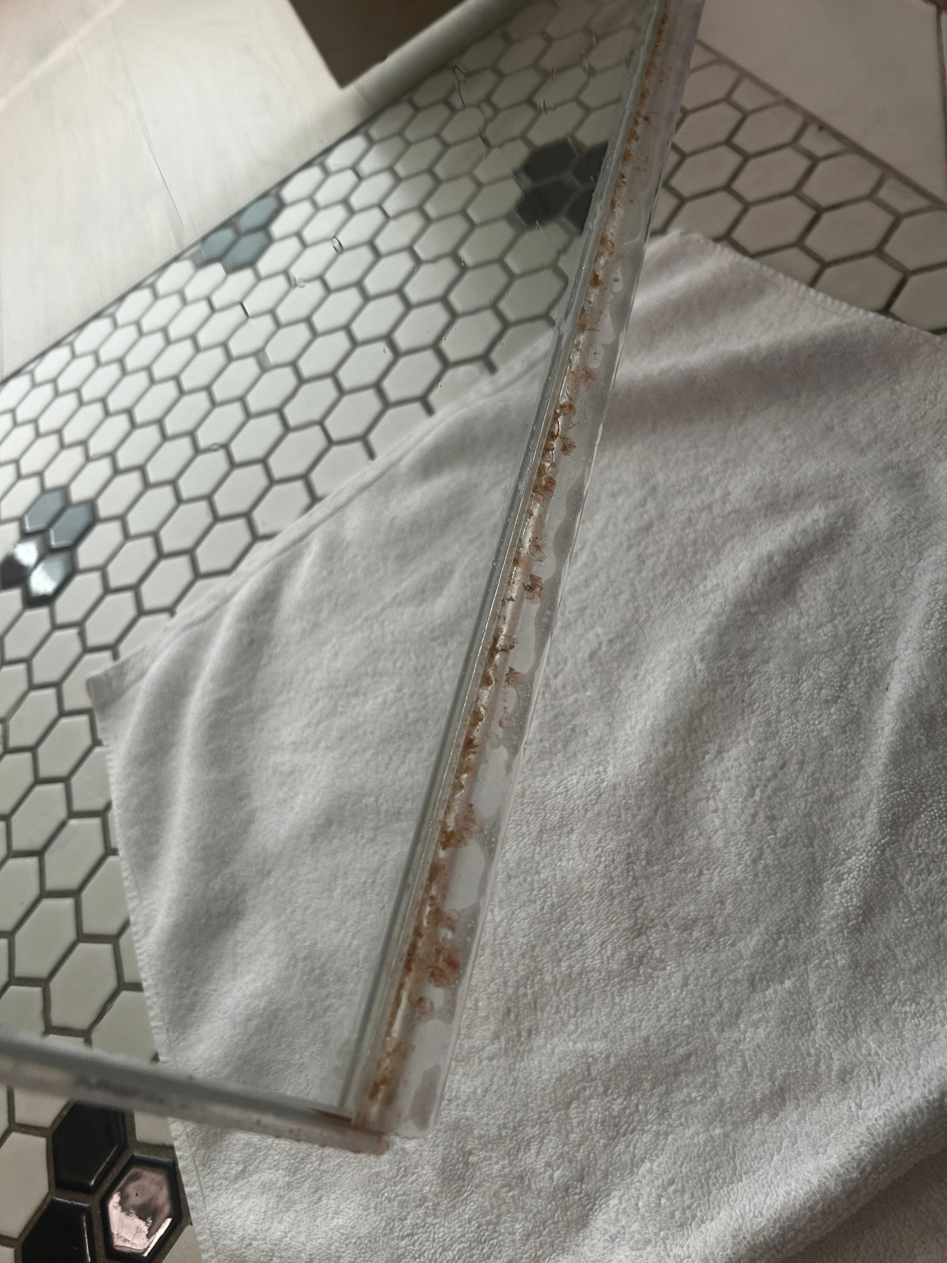 The shower door, there was so much showers scum that it was coming off onto the towel below