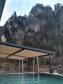 View of hiking destination that day, from relaxing pool waters.
