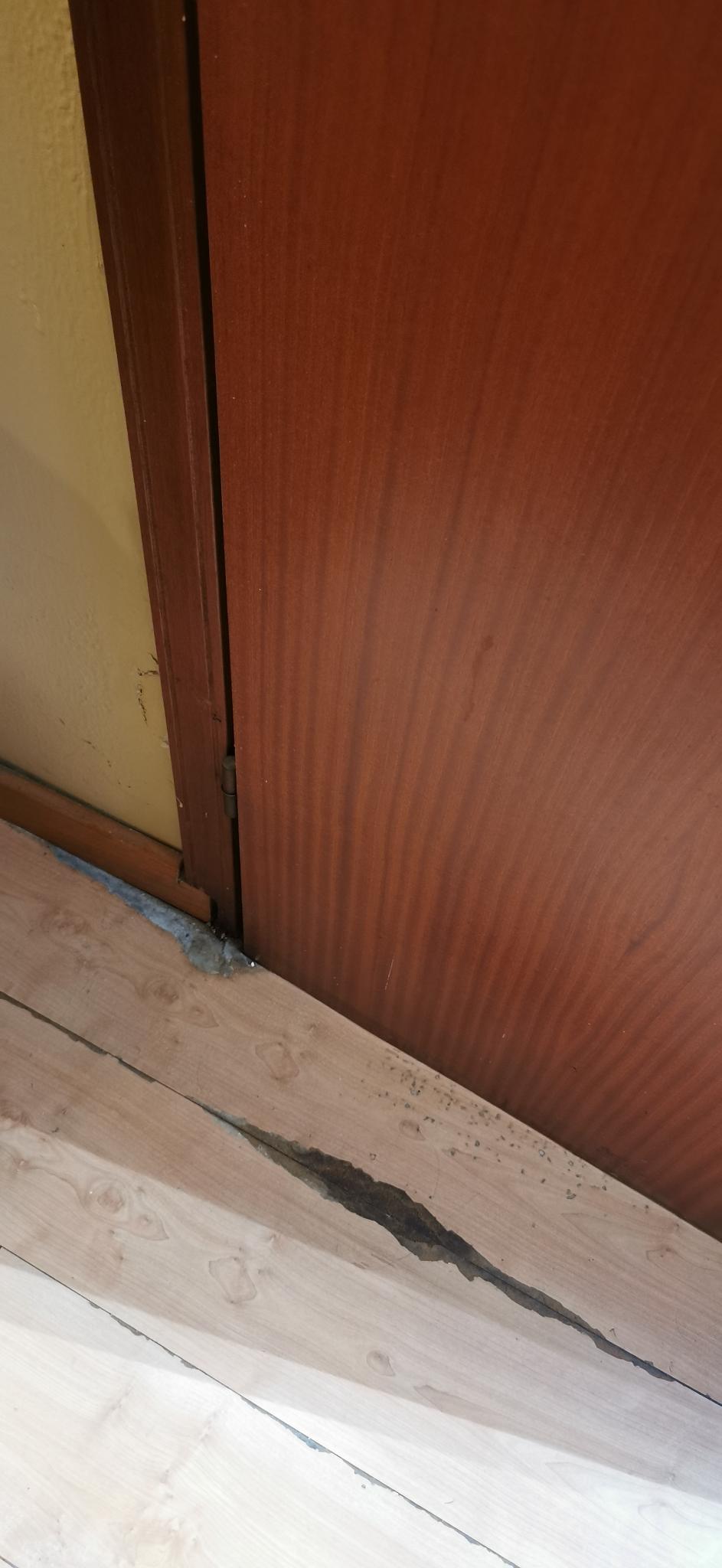 floor damage - the entry door was difficult to push in due to water damage on the floor