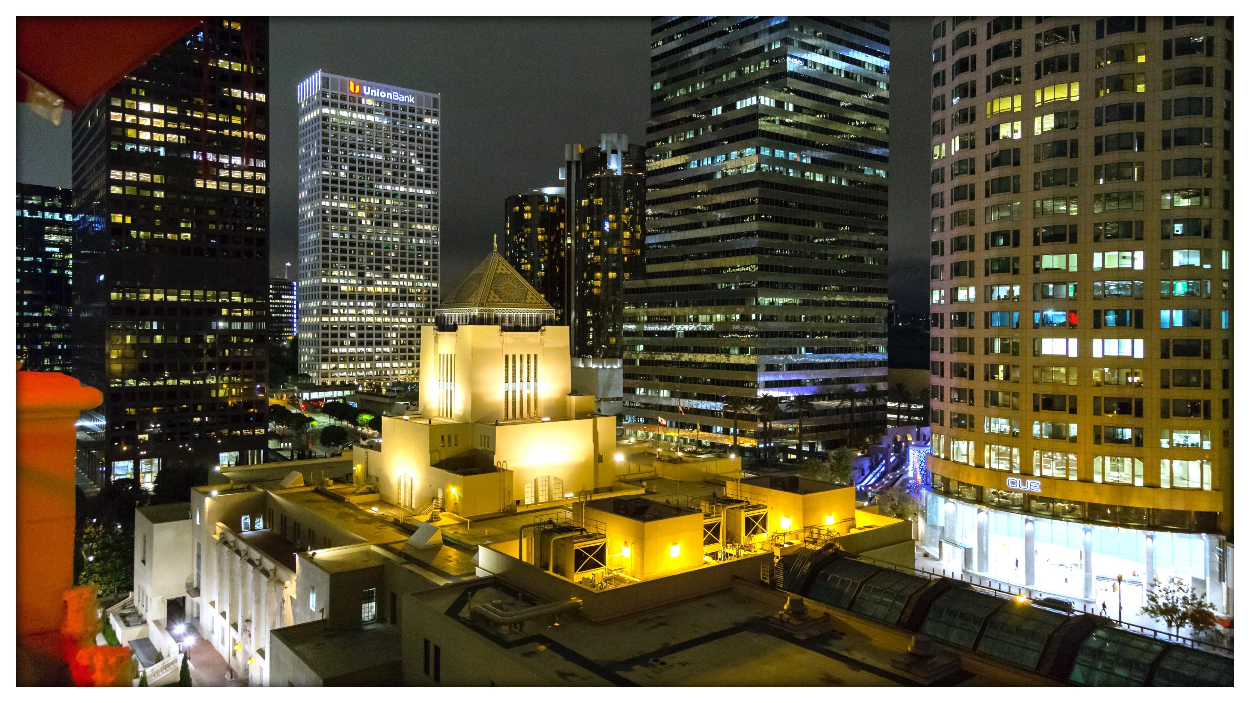 Nighttime view from the rooftop patio (L.A. Public Library in the foreground)