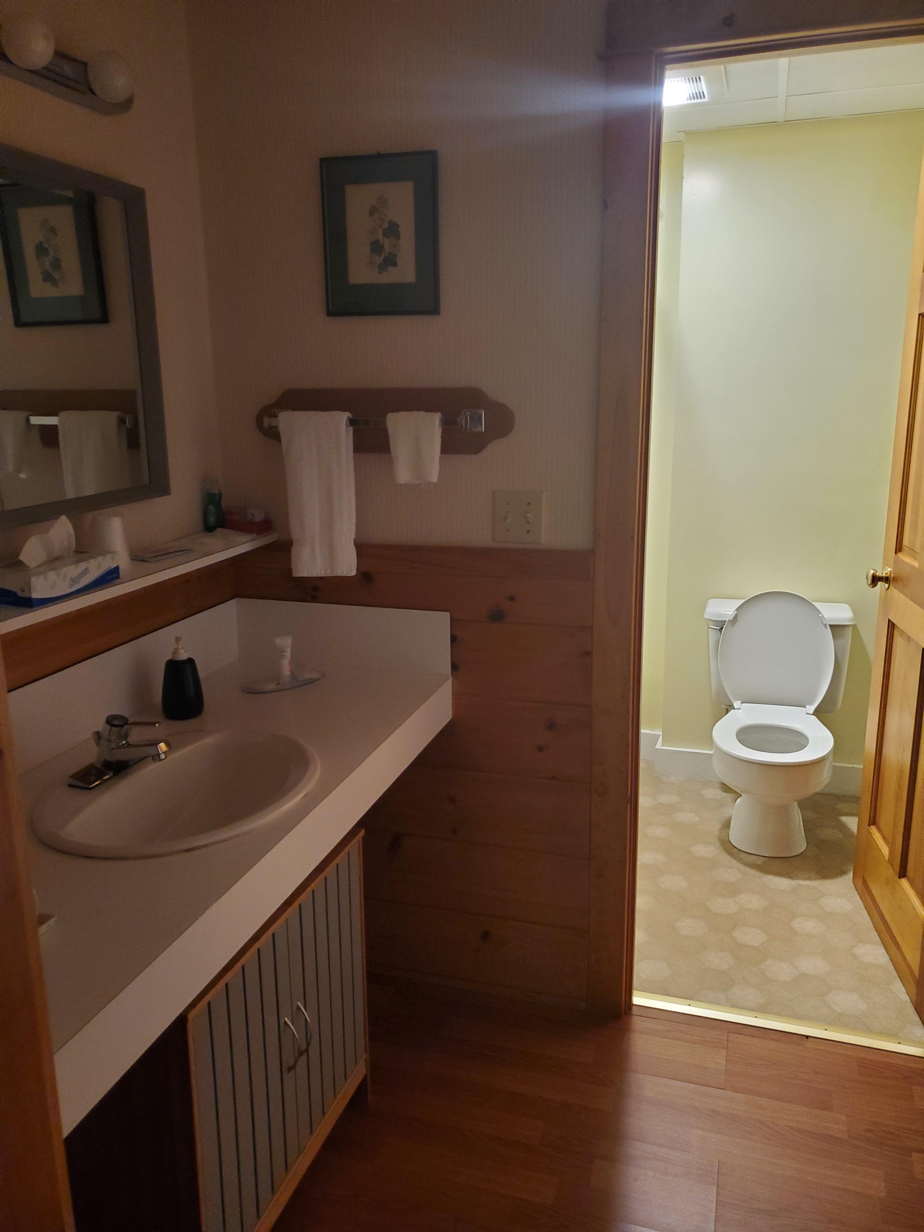 Separate vanity and bathroom areas