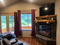 Fireplace and lake view