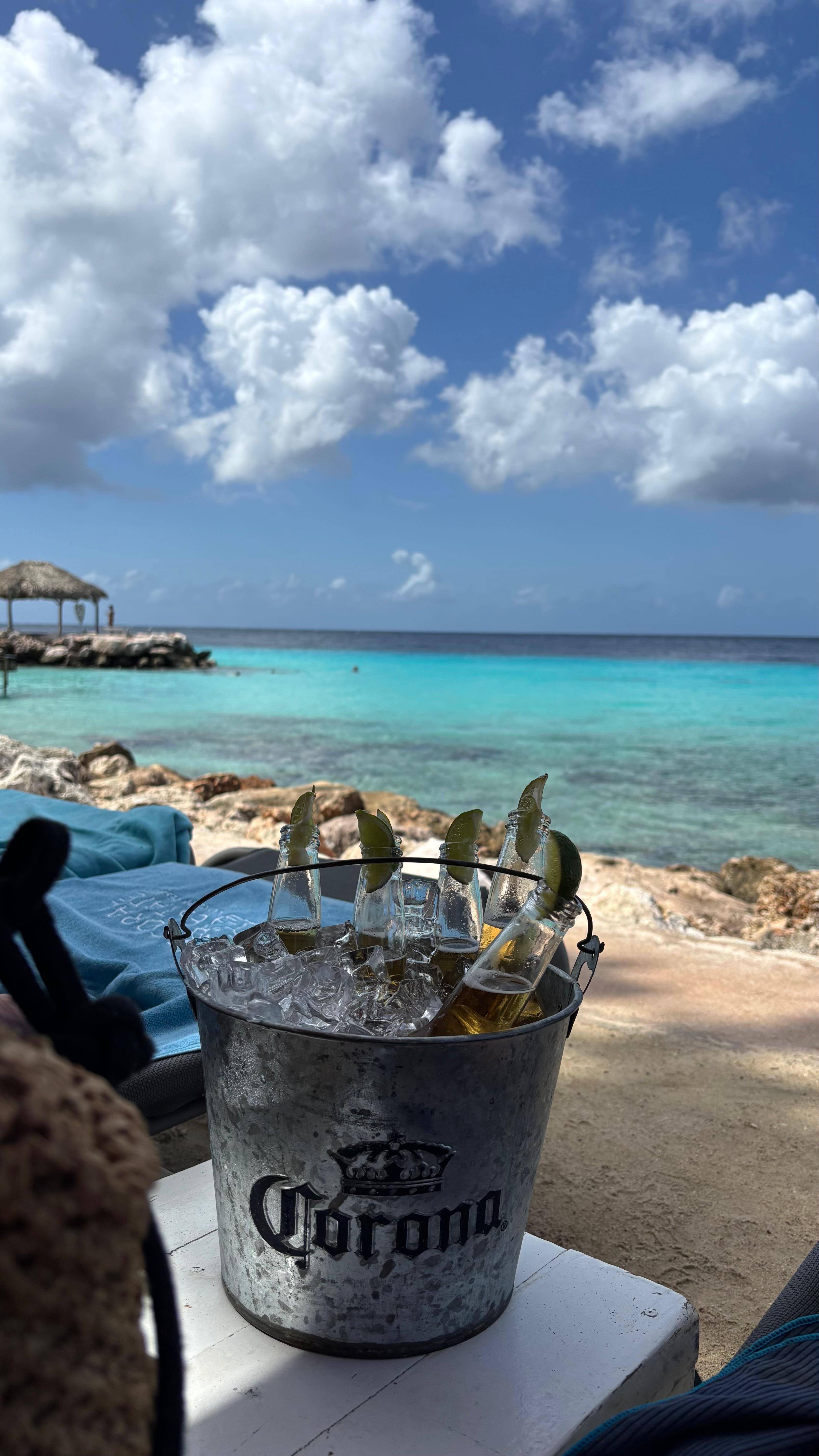 Obrigada a consumir o único tipo de cerveja que eles vendem para poder curtir a praia na frente do hotel.