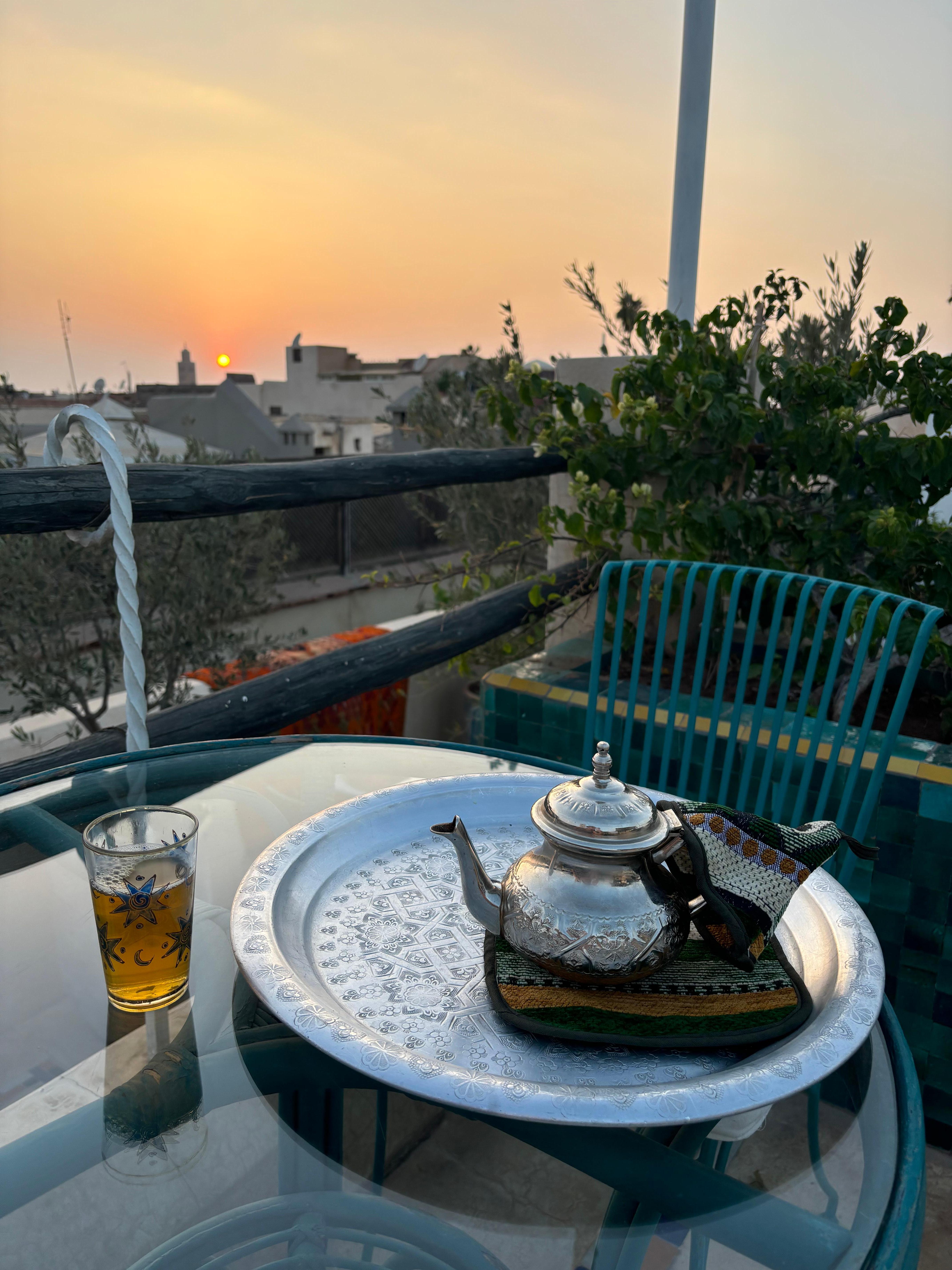 Mint tea at sunset on the roof terrace