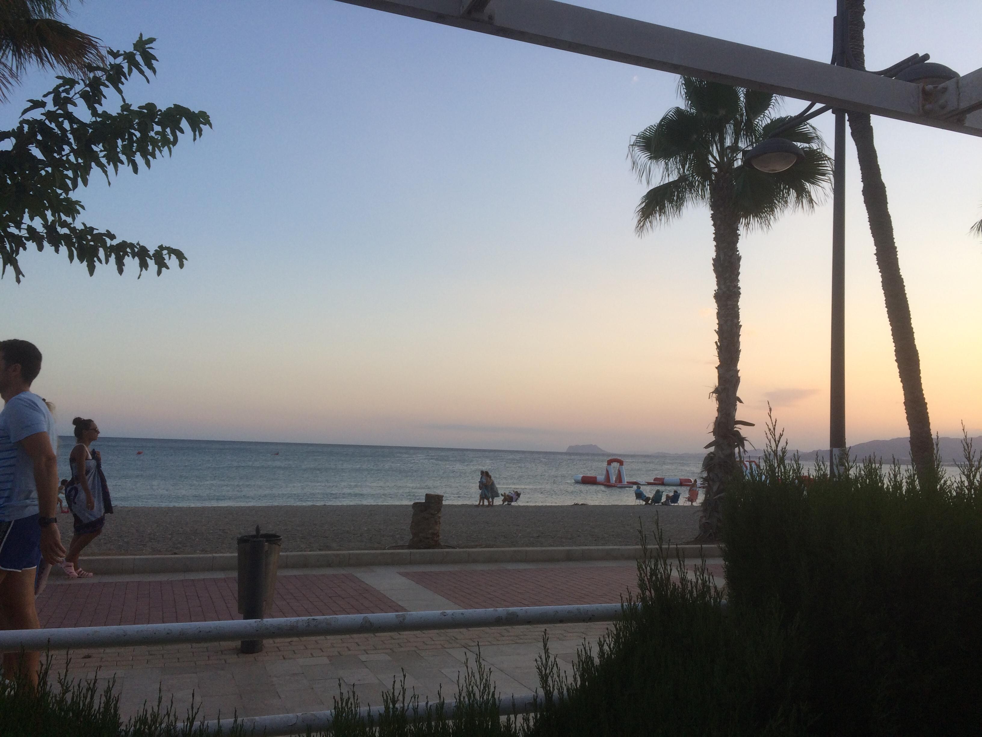 The beach from the hotel at sunset