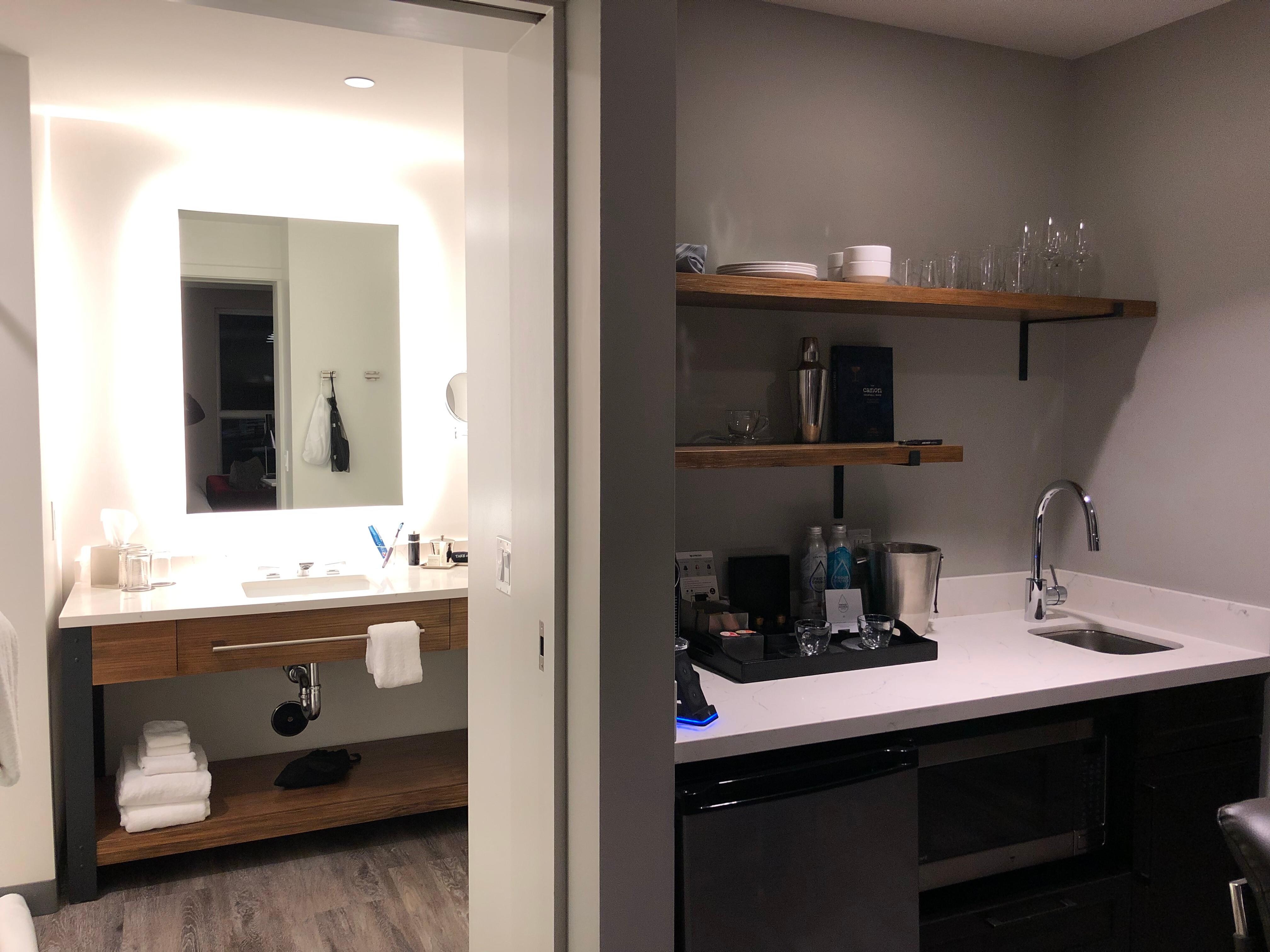 Kitchenette surprisingly handy with glasses, espresso cups, etc