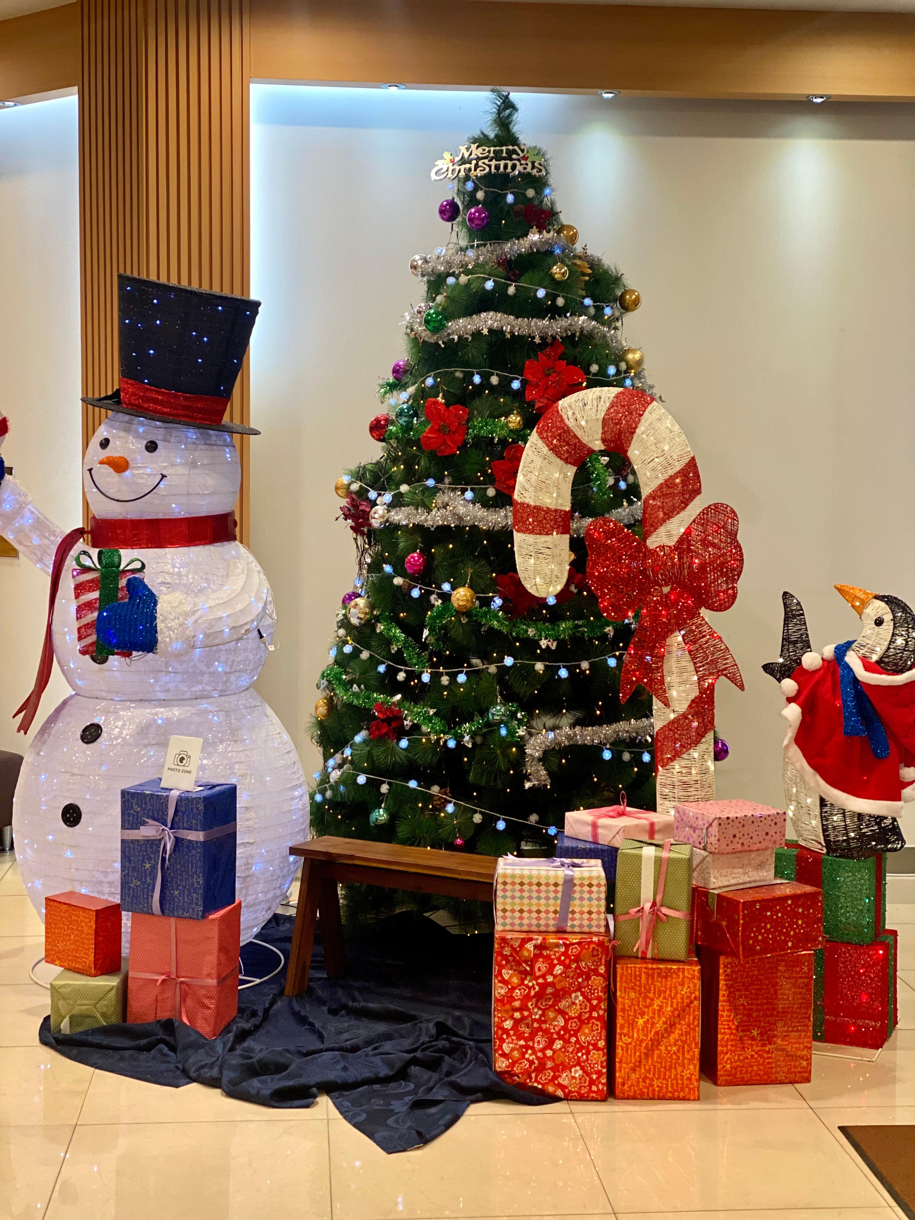 Lobby decorated for Christmas.