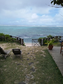 Out the backdoor to beach.
