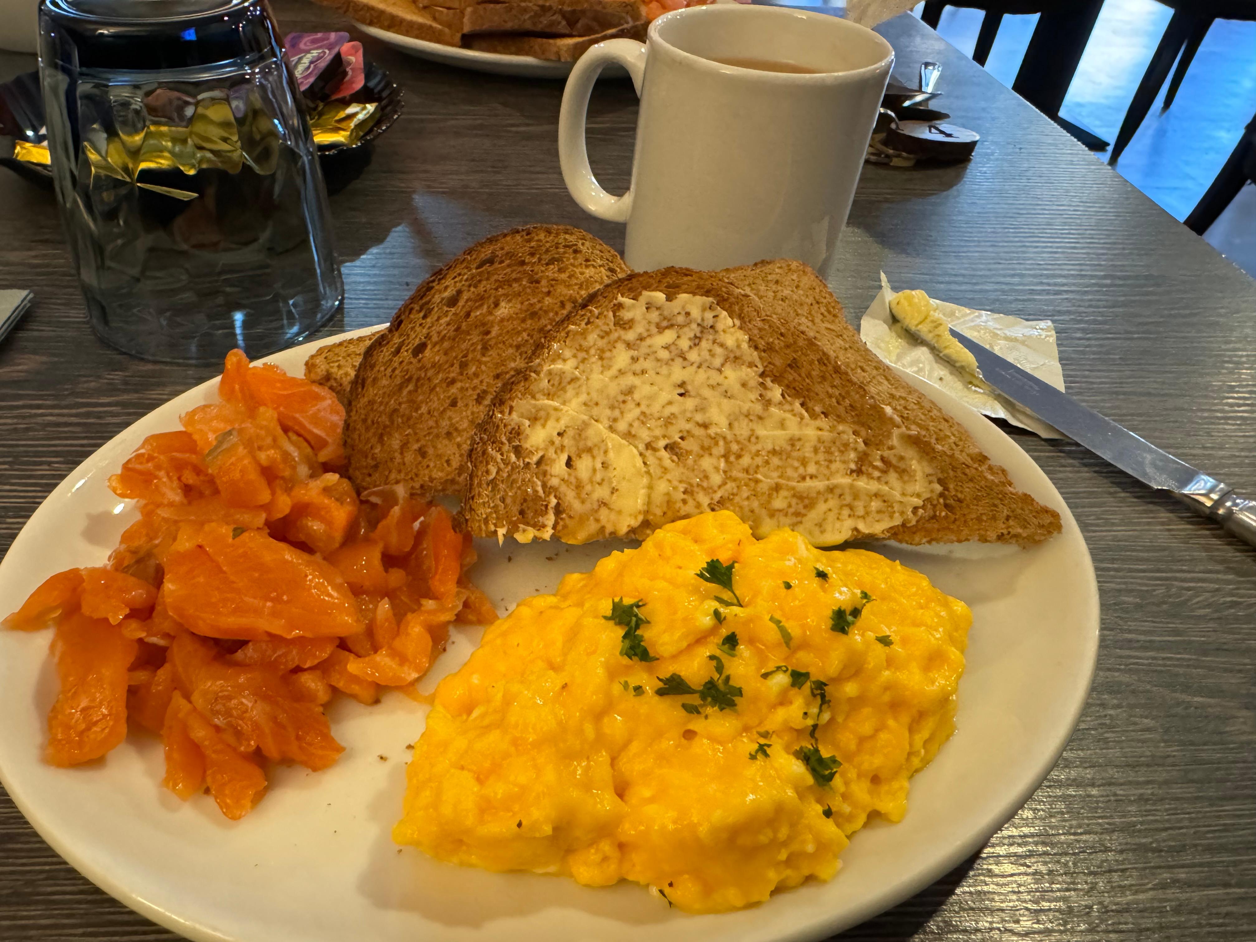 Breakfast, locally smoked salmon snd eggs