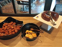 Banana-chocolate cake and other delicacies at the breakfast